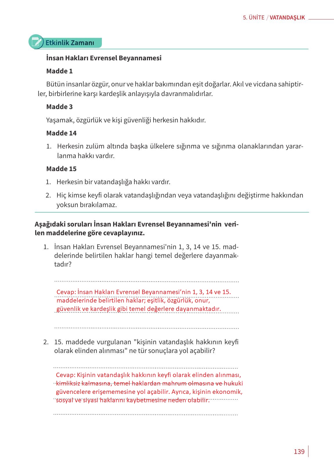 6. Sınıf Meb Yayınları Ahlak Ve Vatandaşlık Eğitimi Ders Kitabı Sayfa 139 Cevapları