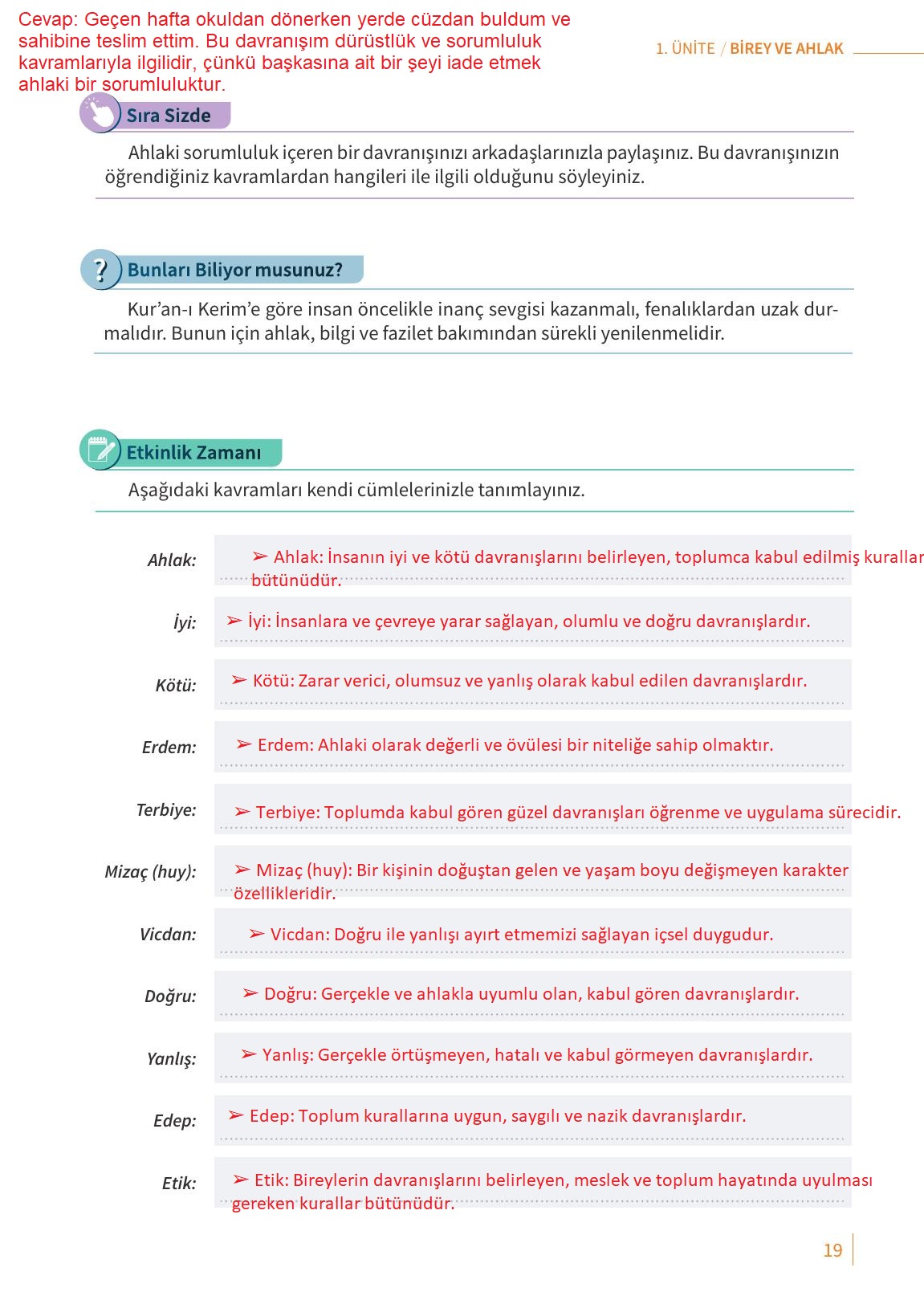 6. Sınıf Meb Yayınları Ahlak Ve Vatandaşlık Eğitimi Ders Kitabı Sayfa 19 Cevapları