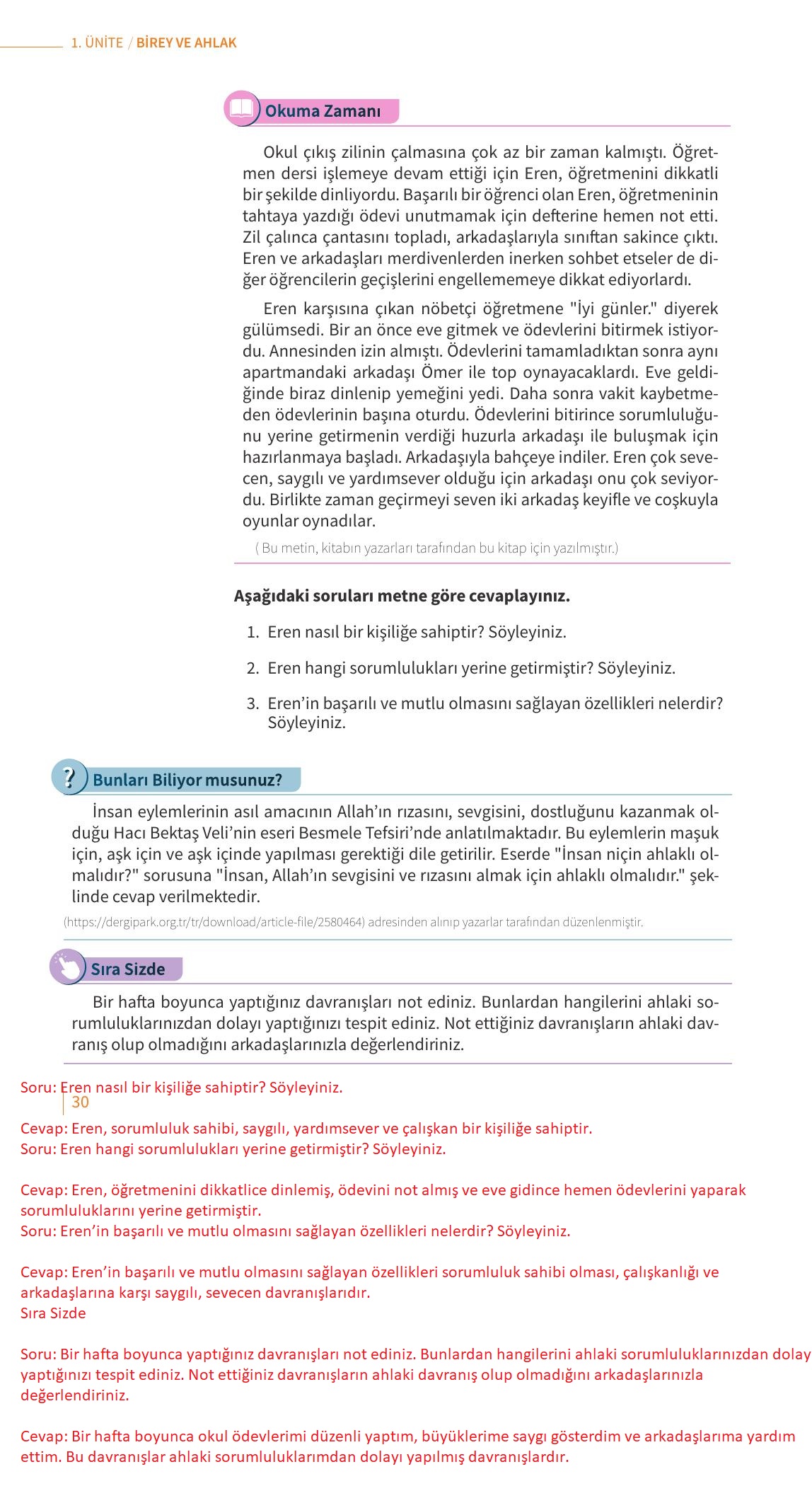 6. Sınıf Meb Yayınları Ahlak Ve Vatandaşlık Eğitimi Ders Kitabı Sayfa 30 Cevapları