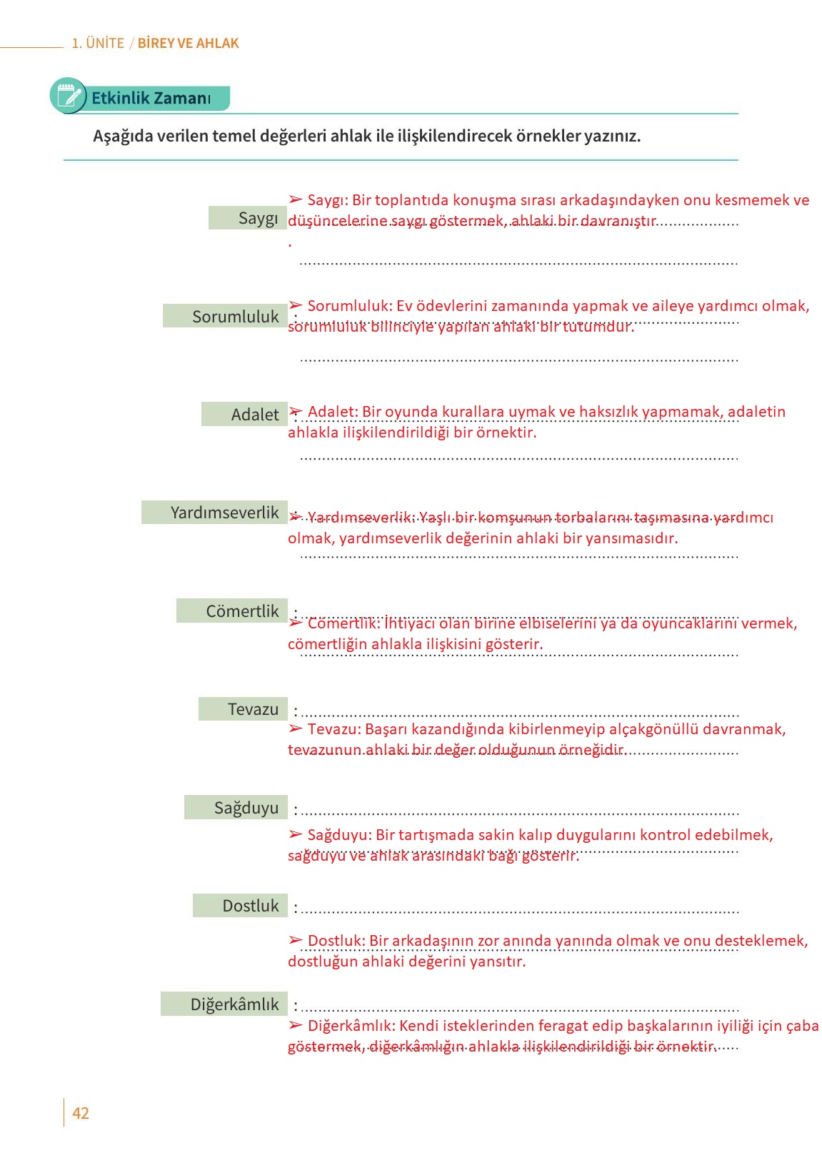 6. Sınıf Meb Yayınları Ahlak Ve Vatandaşlık Eğitimi Ders Kitabı Sayfa 42 Cevapları