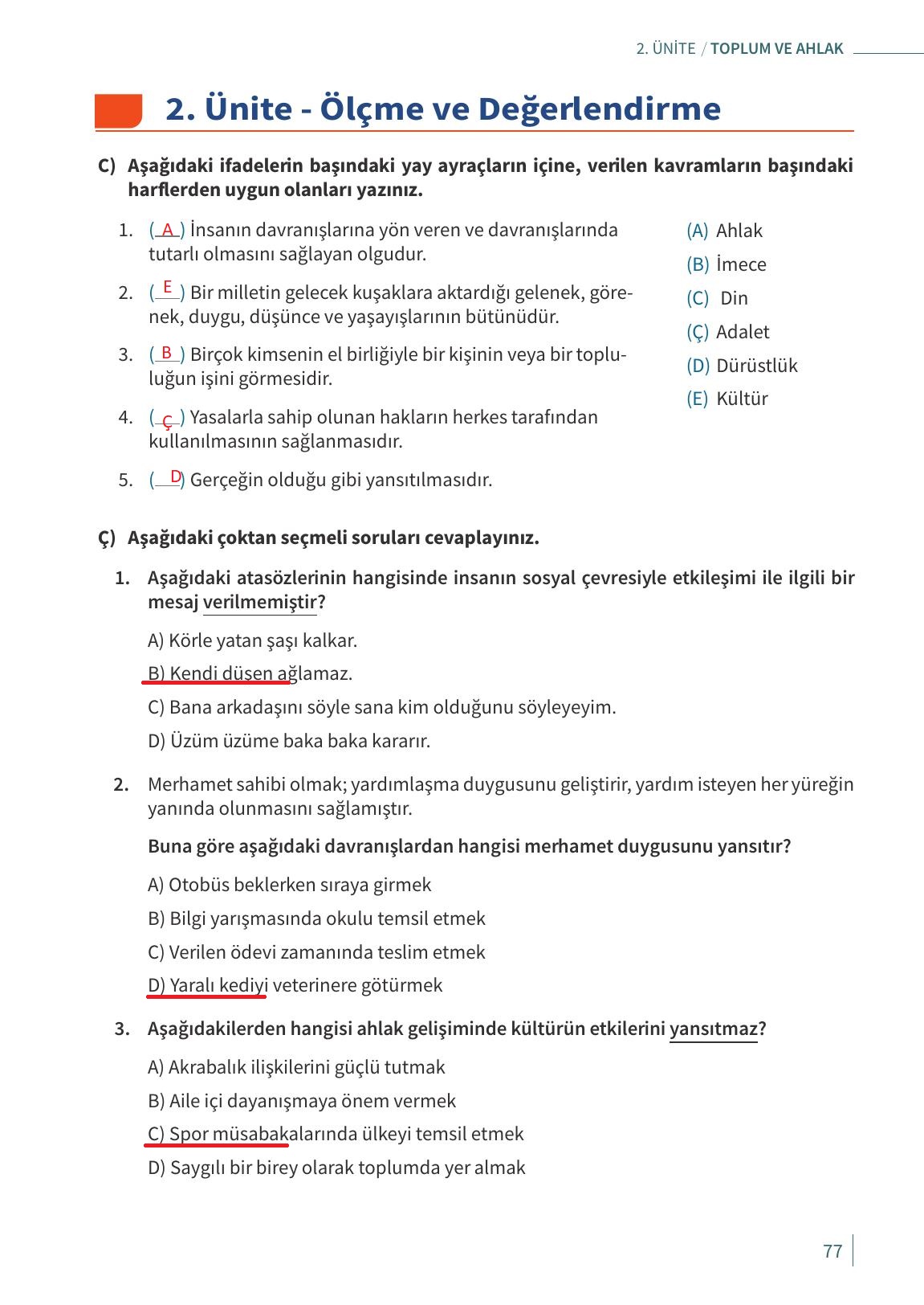 6. Sınıf Meb Yayınları Ahlak Ve Vatandaşlık Eğitimi Ders Kitabı Sayfa 77 Cevapları