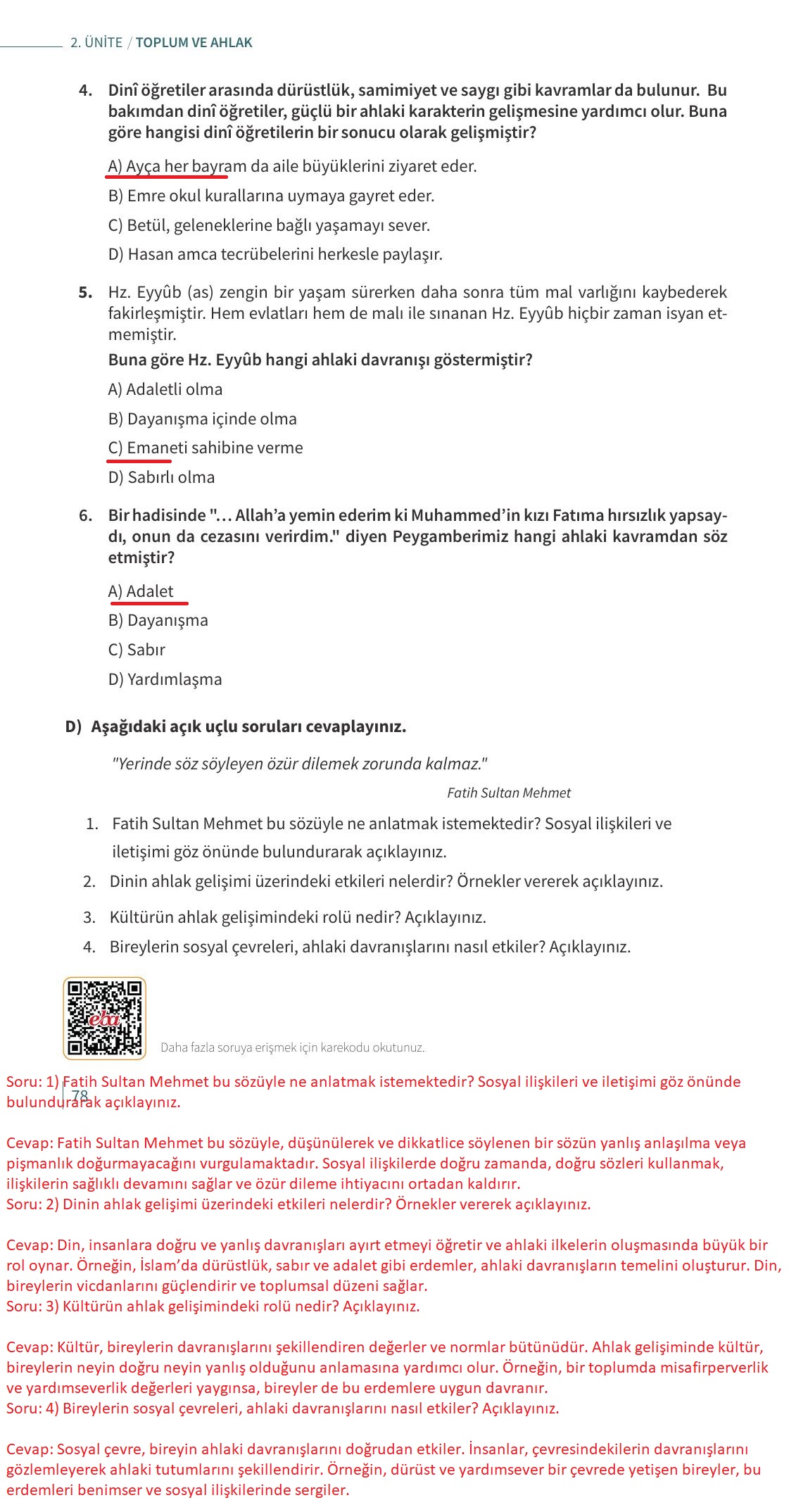 6. Sınıf Meb Yayınları Ahlak Ve Vatandaşlık Eğitimi Ders Kitabı Sayfa 78 Cevapları