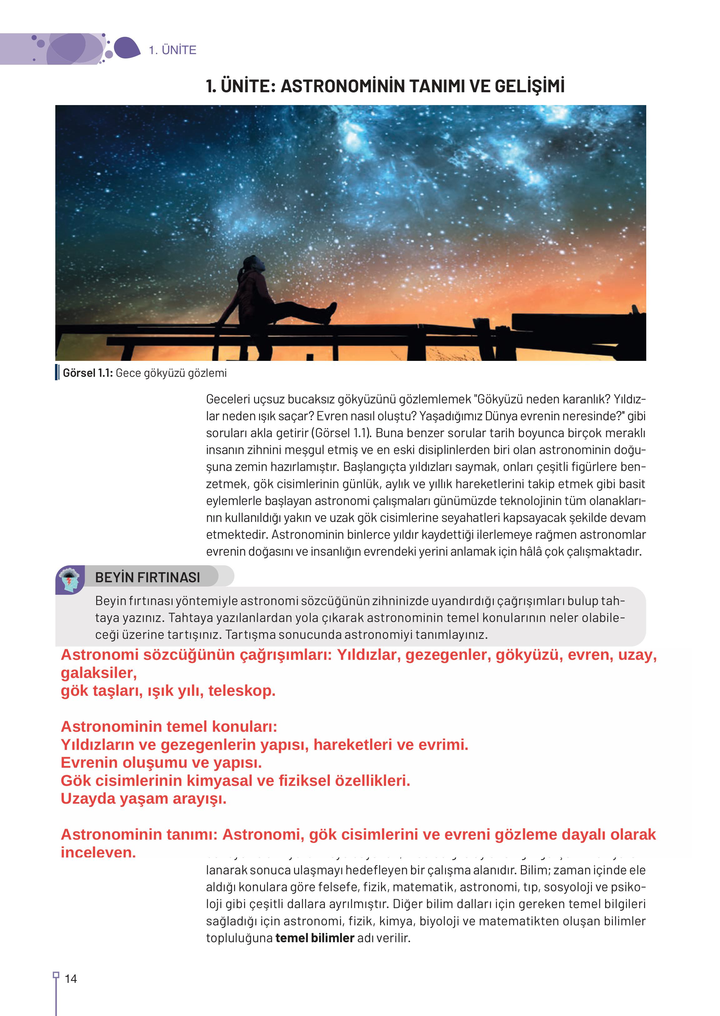 9. Sınıf Meb Yayınları Astronomi Ve Uzay Bilimleri Ders Kitabı Sayfa 14 Cevapları
