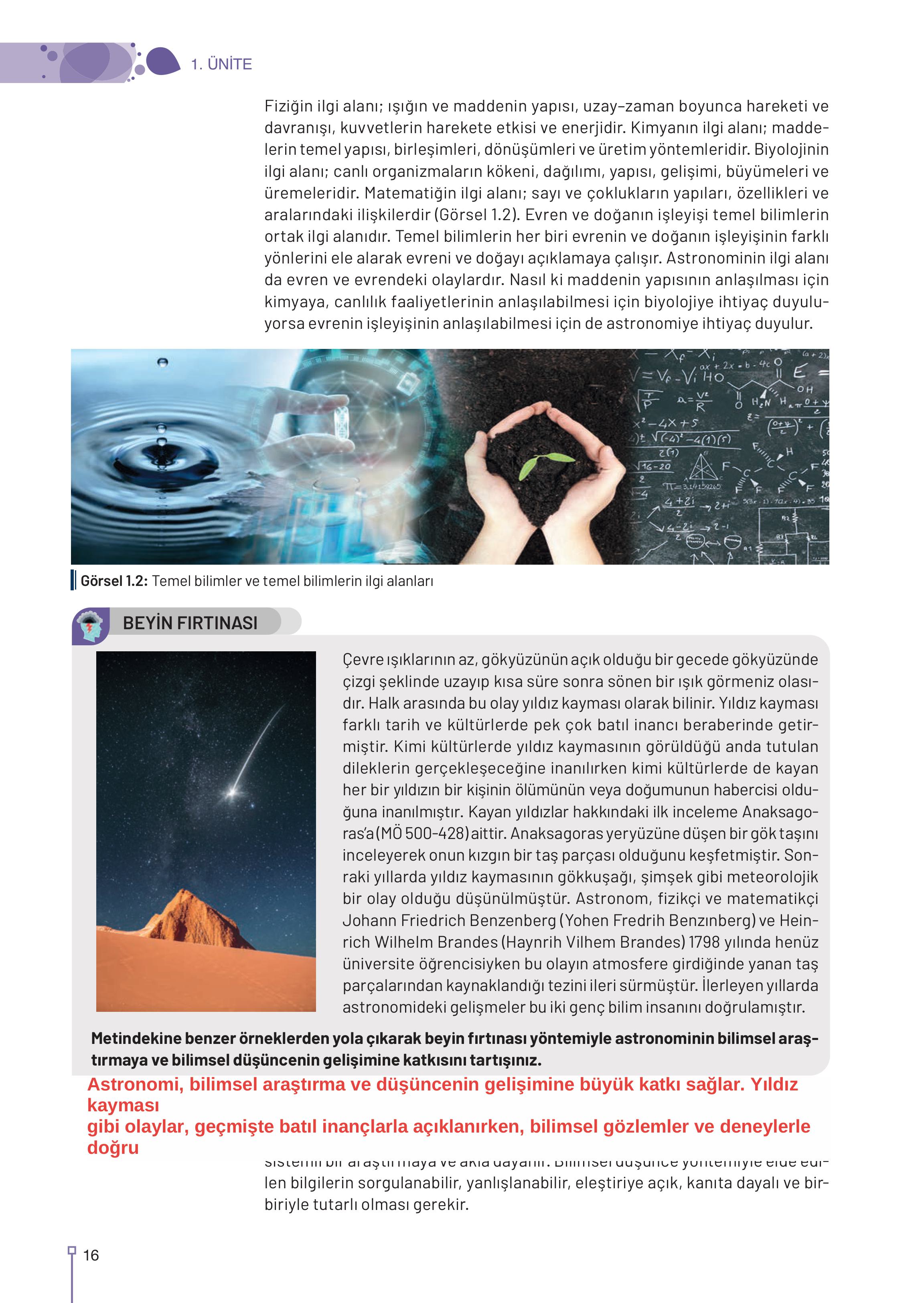 9. Sınıf Meb Yayınları Astronomi Ve Uzay Bilimleri Ders Kitabı Sayfa 16 Cevapları
