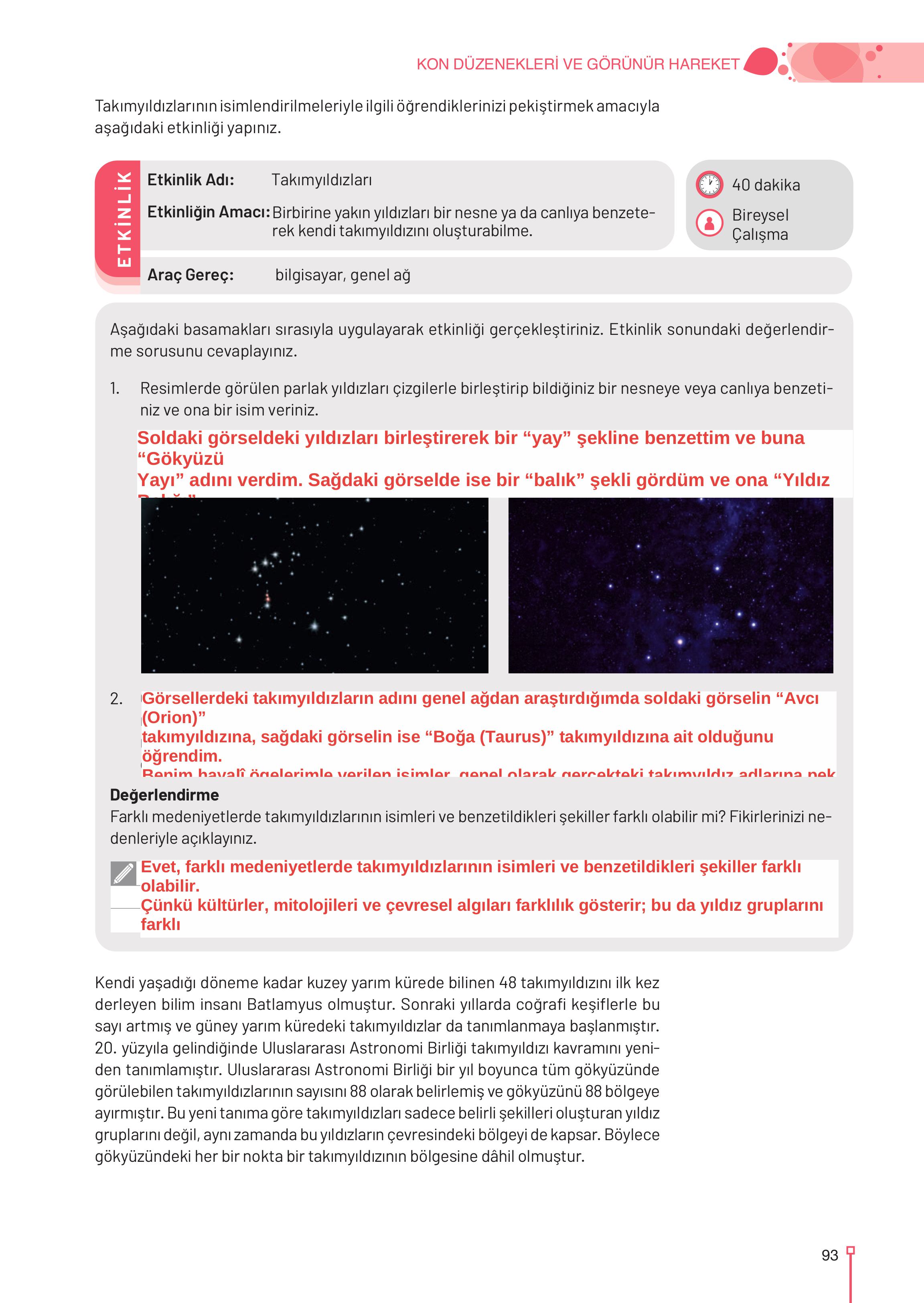 9. Sınıf Meb Yayınları Astronomi Ve Uzay Bilimleri Ders Kitabı Sayfa 93 Cevapları