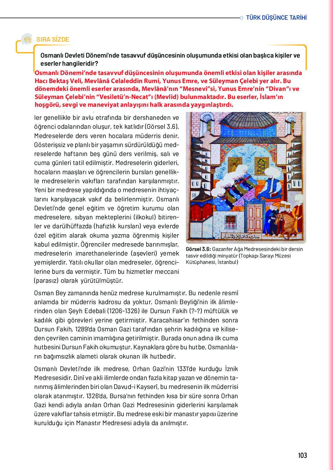 10. Sınıf Meb Yayınları Türk Düşünce Tarihi Ders Kitabı Sayfa 103 Cevapları
