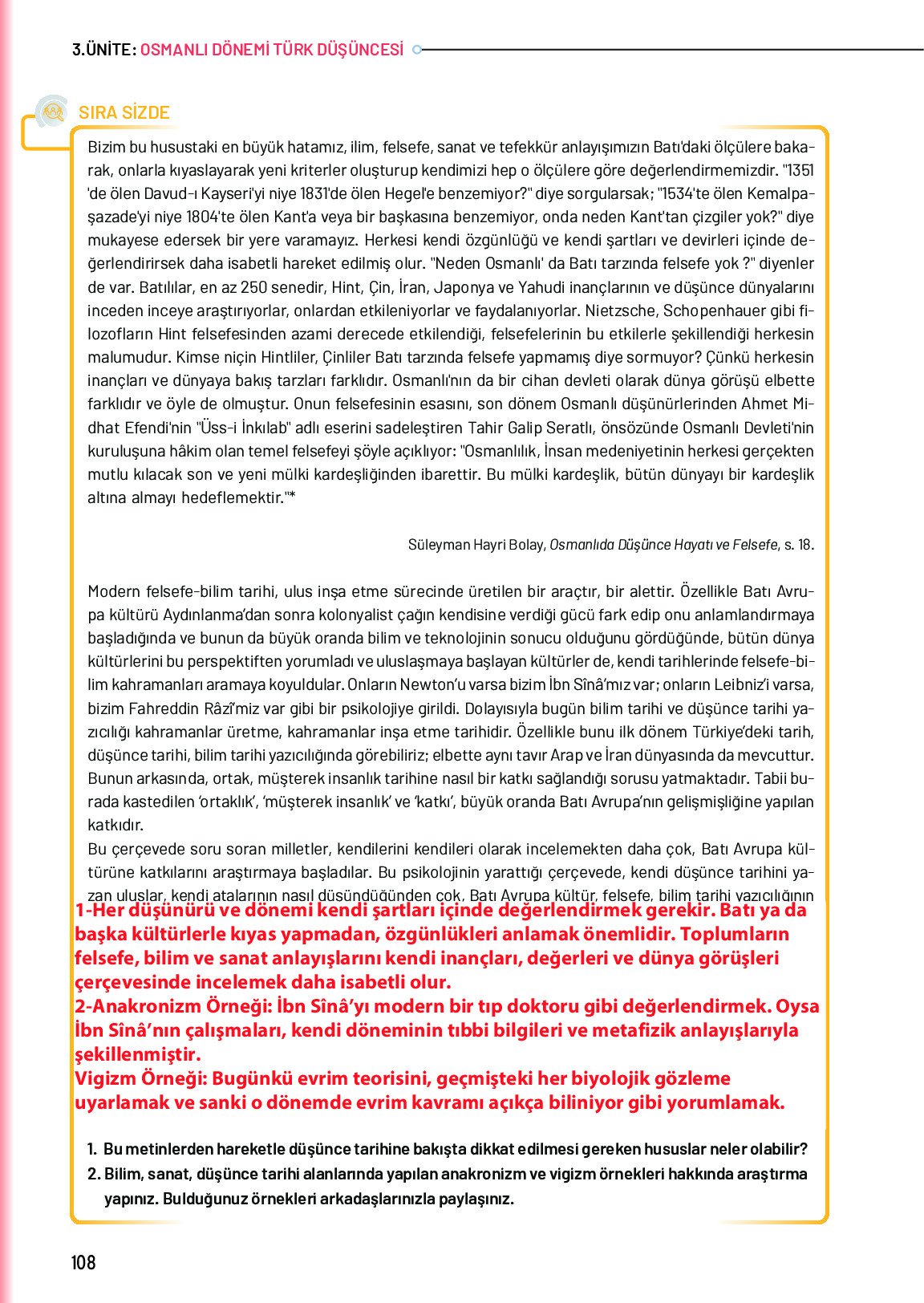 10. Sınıf Meb Yayınları Türk Düşünce Tarihi Ders Kitabı Sayfa 108 Cevapları