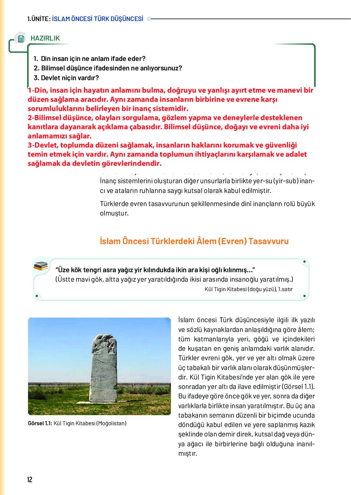 10. Sınıf Meb Yayınları Türk Düşünce Tarihi Ders Kitabı Sayfa 12 Cevapları