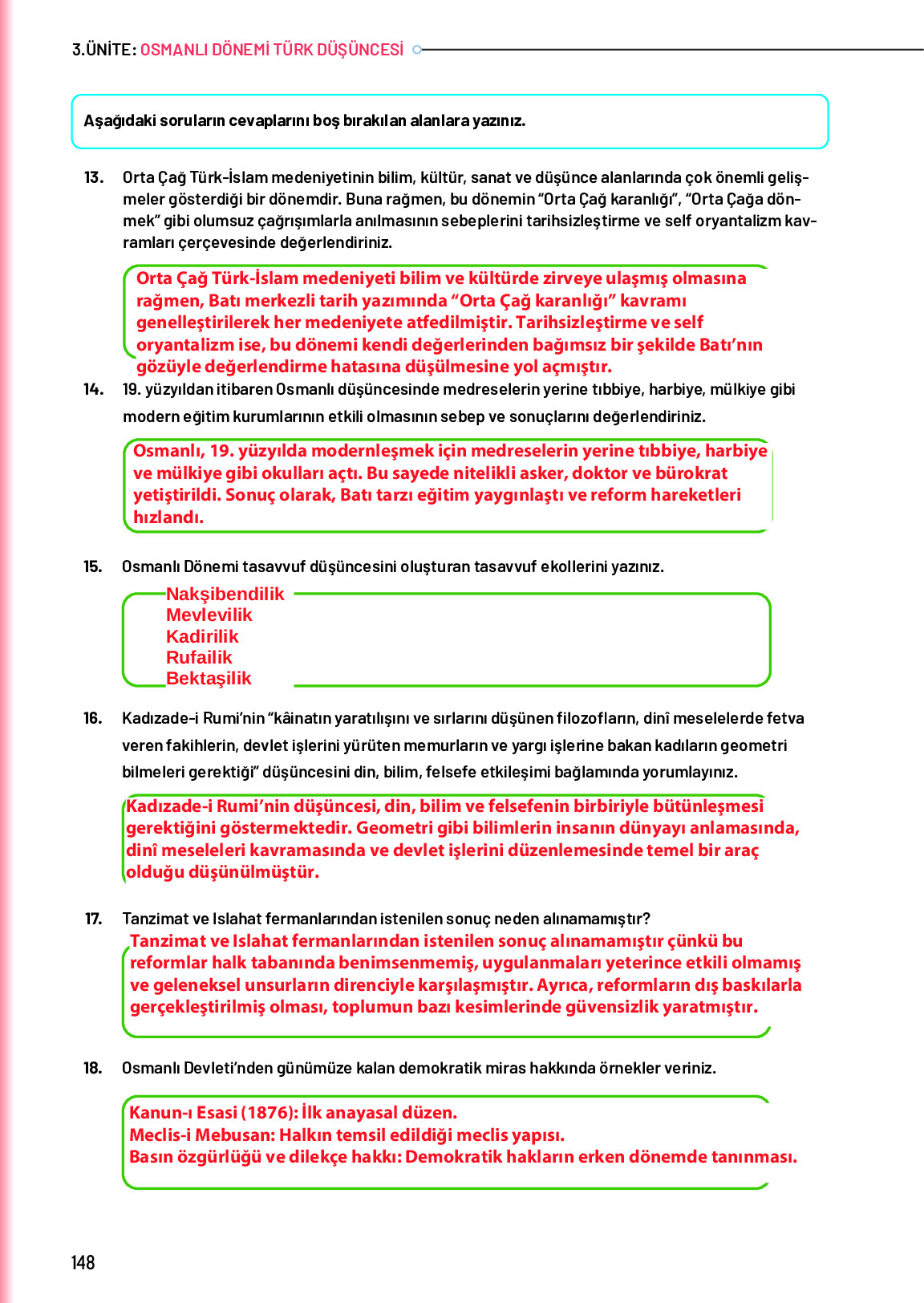 10. Sınıf Meb Yayınları Türk Düşünce Tarihi Ders Kitabı Sayfa 148 Cevapları
