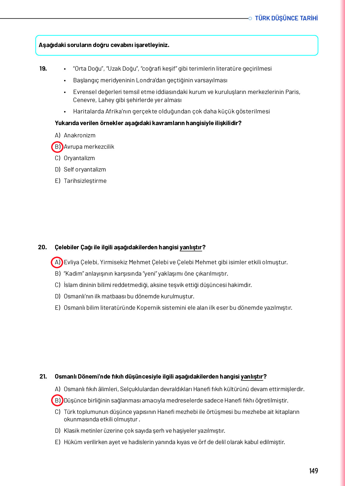 10. Sınıf Meb Yayınları Türk Düşünce Tarihi Ders Kitabı Sayfa 149 Cevapları