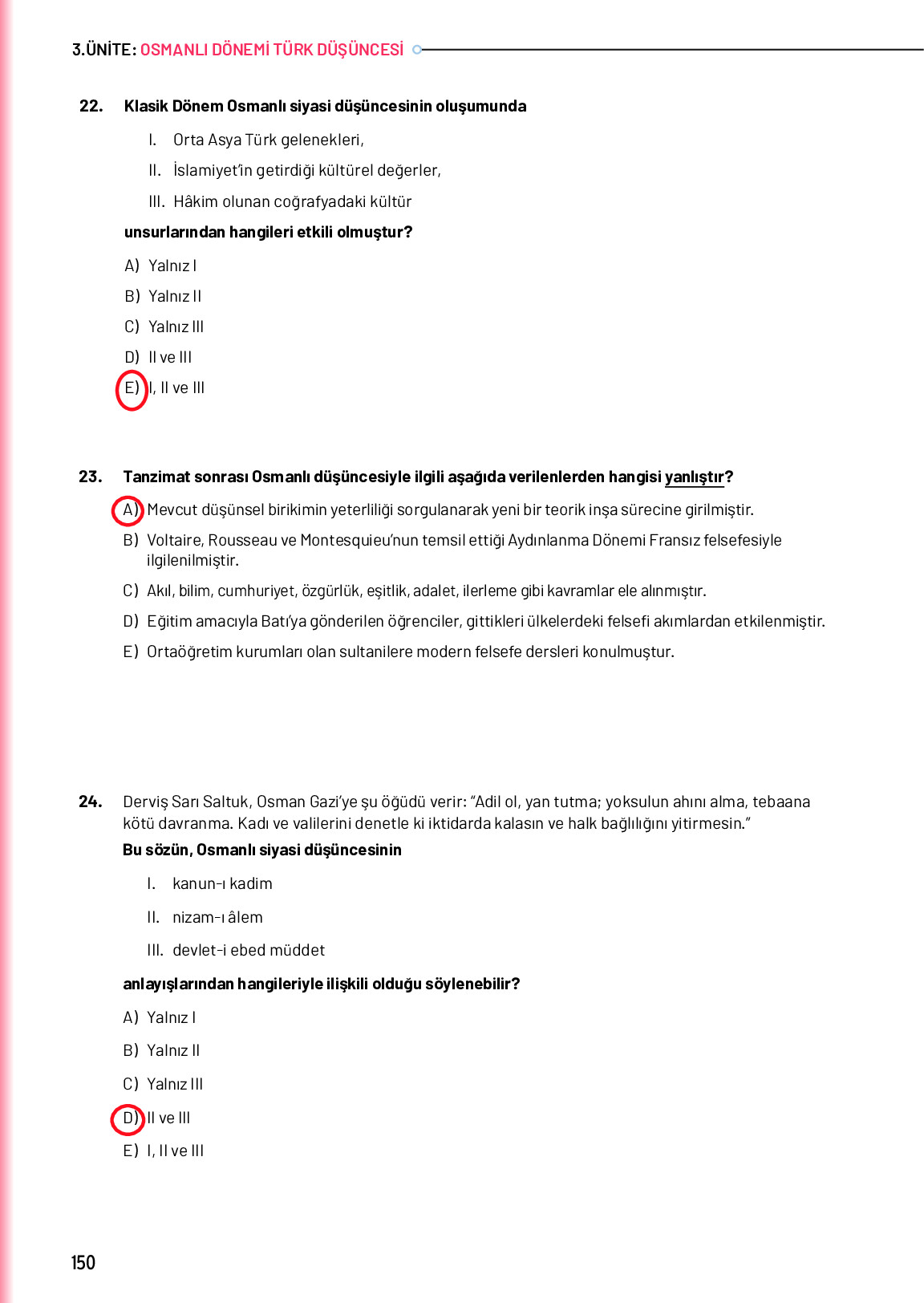 10. Sınıf Meb Yayınları Türk Düşünce Tarihi Ders Kitabı Sayfa 150 Cevapları