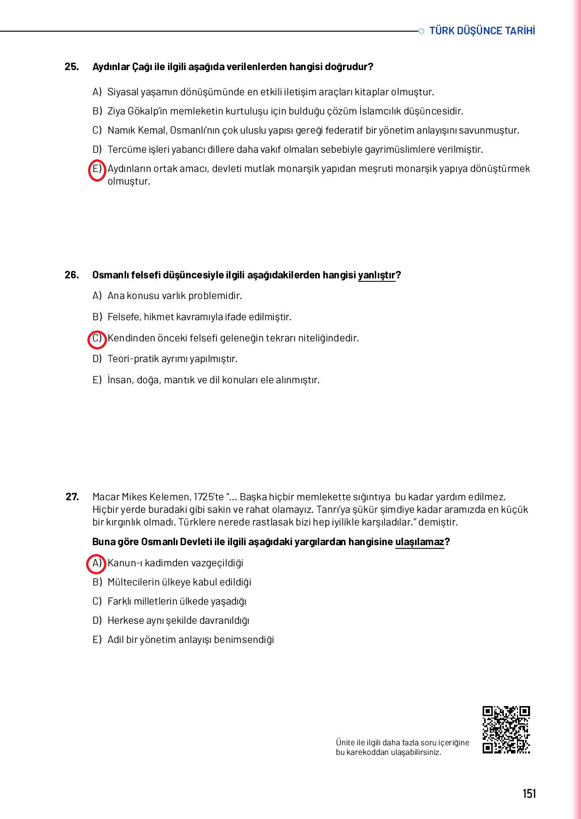 10. Sınıf Meb Yayınları Türk Düşünce Tarihi Ders Kitabı Sayfa 151 Cevapları