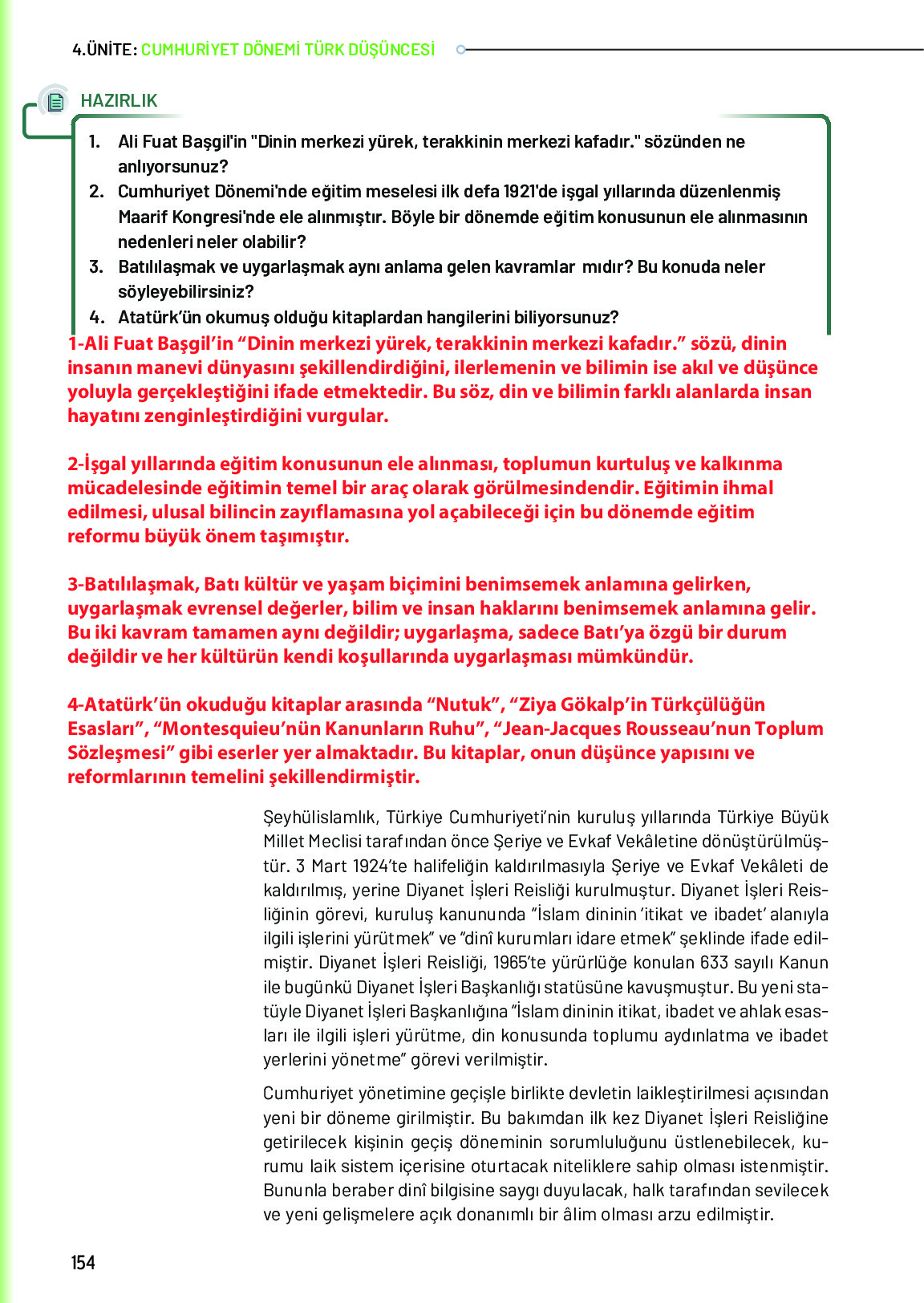 10. Sınıf Meb Yayınları Türk Düşünce Tarihi Ders Kitabı Sayfa 154 Cevapları