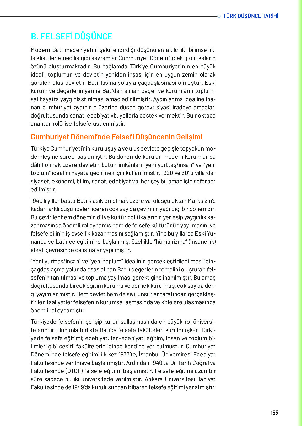 10. Sınıf Meb Yayınları Türk Düşünce Tarihi Ders Kitabı Sayfa 159 Cevapları