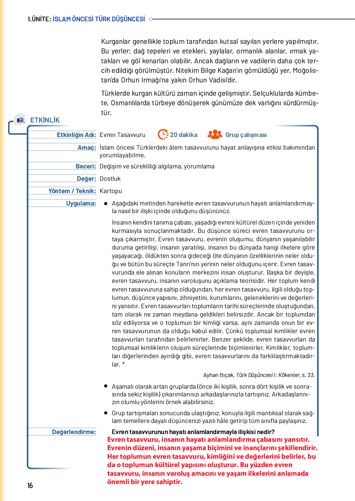 10. Sınıf Meb Yayınları Türk Düşünce Tarihi Ders Kitabı Sayfa 16 Cevapları