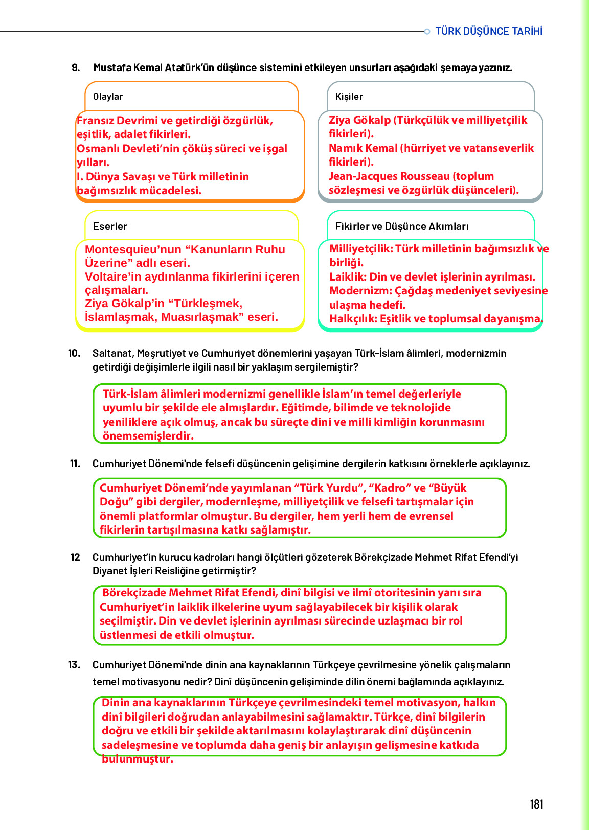 10. Sınıf Meb Yayınları Türk Düşünce Tarihi Ders Kitabı Sayfa 181 Cevapları