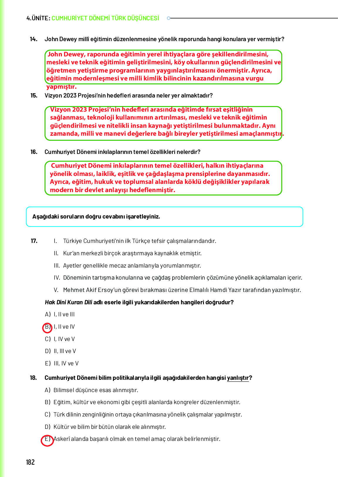 10. Sınıf Meb Yayınları Türk Düşünce Tarihi Ders Kitabı Sayfa 182 Cevapları