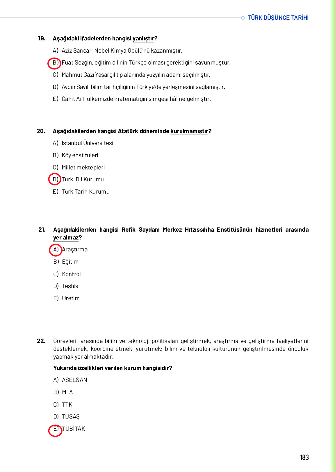 10. Sınıf Meb Yayınları Türk Düşünce Tarihi Ders Kitabı Sayfa 183 Cevapları