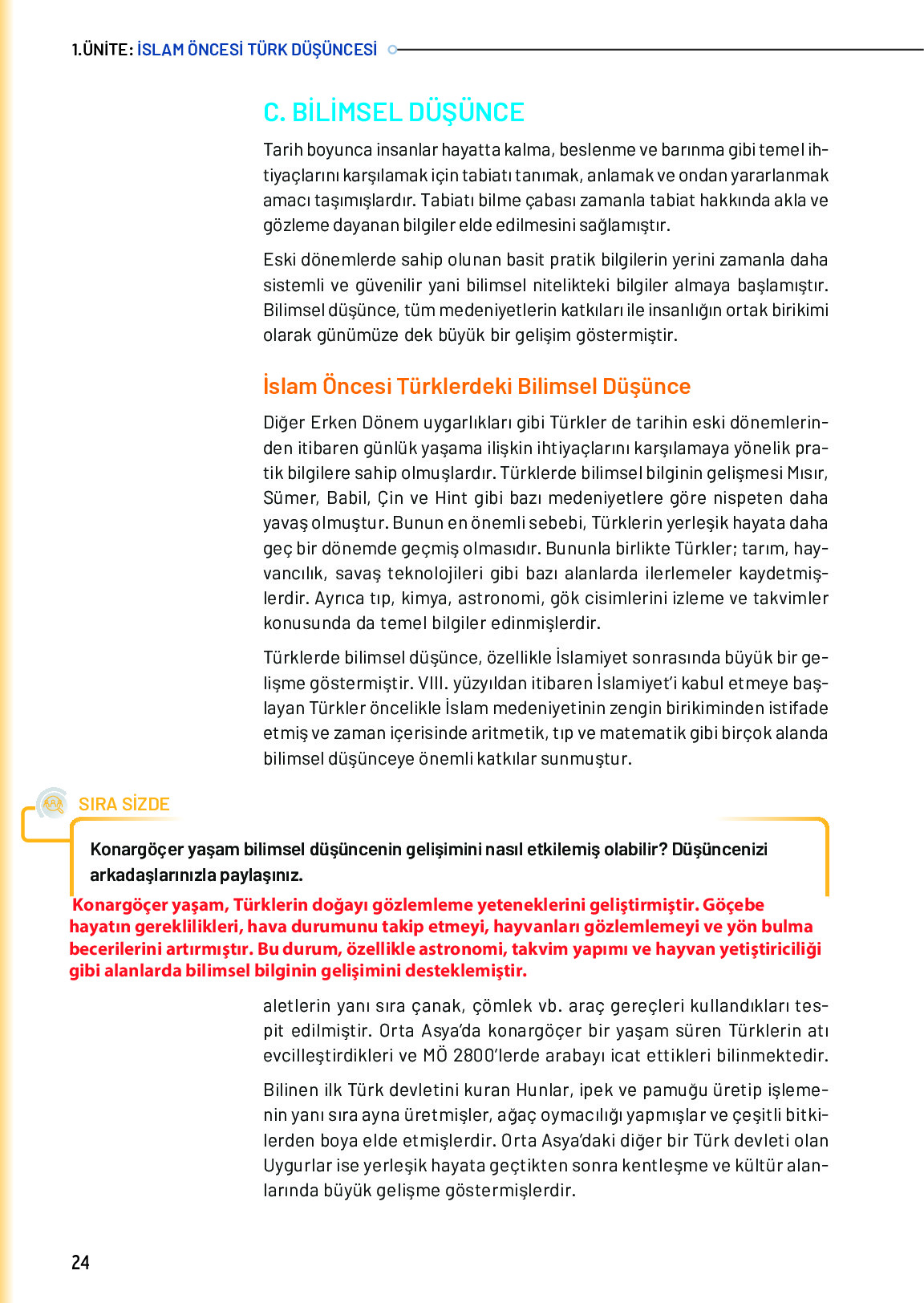 10. Sınıf Meb Yayınları Türk Düşünce Tarihi Ders Kitabı Sayfa 24 Cevapları