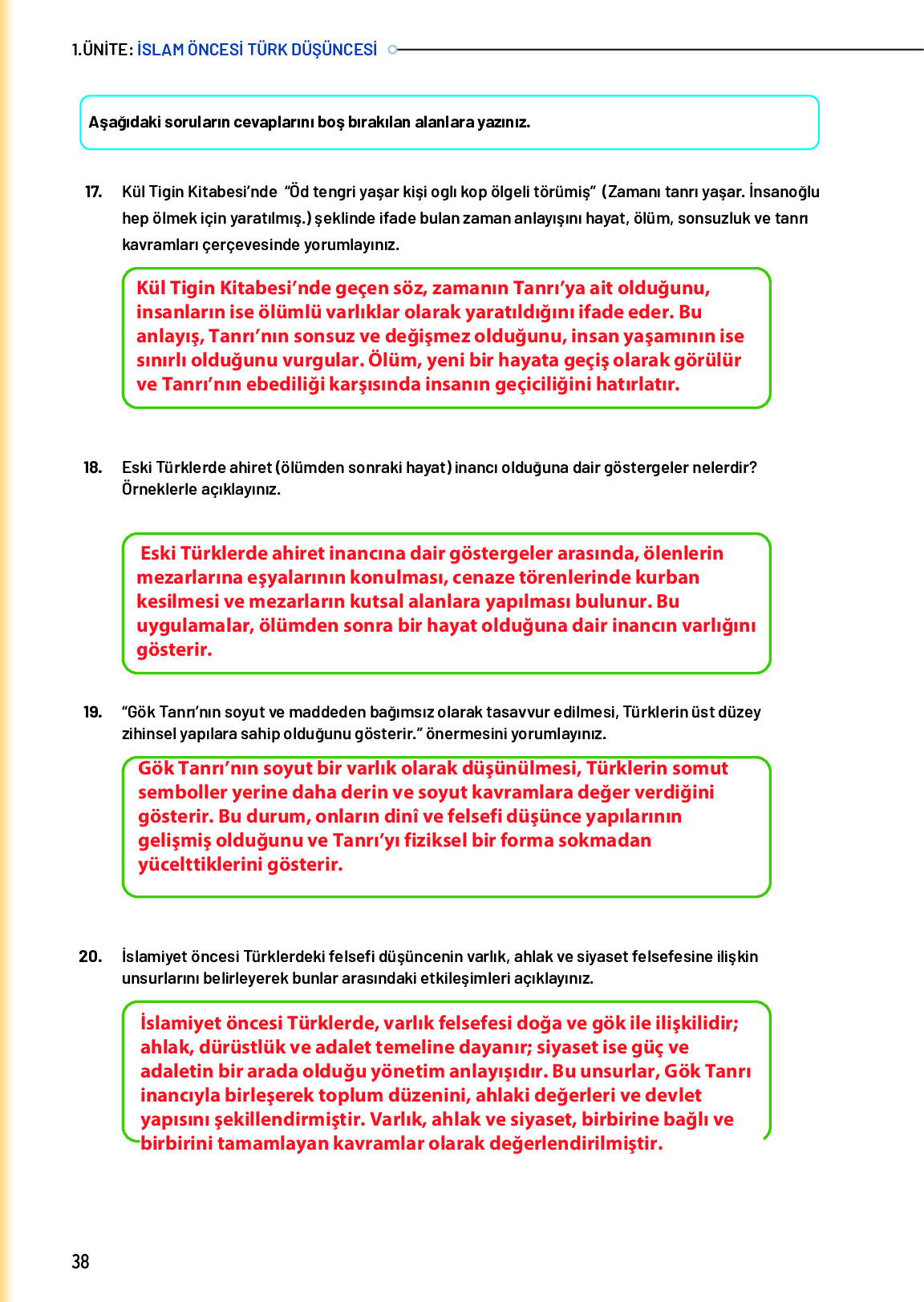10. Sınıf Meb Yayınları Türk Düşünce Tarihi Ders Kitabı Sayfa 38 Cevapları