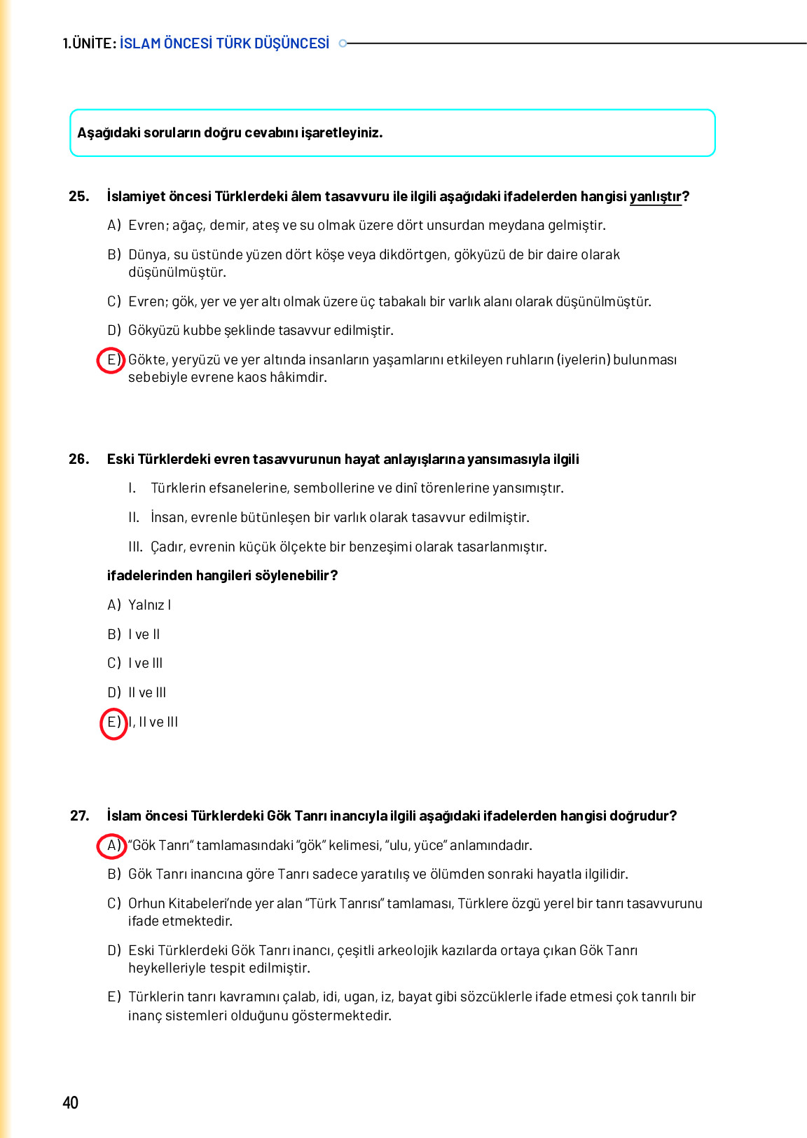 10. Sınıf Meb Yayınları Türk Düşünce Tarihi Ders Kitabı Sayfa 40 Cevapları