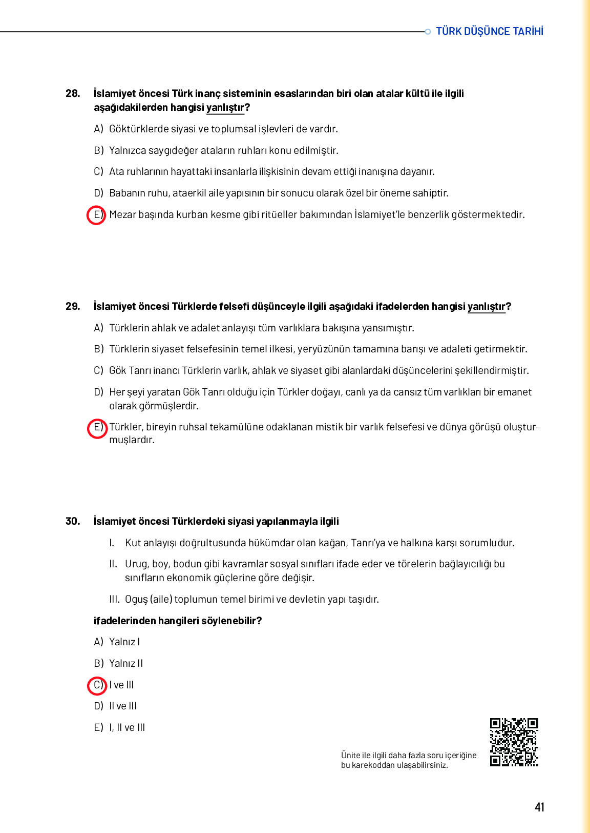 10. Sınıf Meb Yayınları Türk Düşünce Tarihi Ders Kitabı Sayfa 41 Cevapları