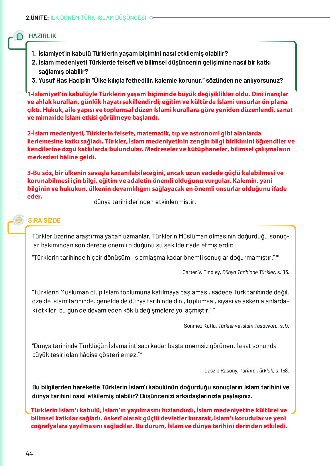 10. Sınıf Meb Yayınları Türk Düşünce Tarihi Ders Kitabı Sayfa 44 Cevapları