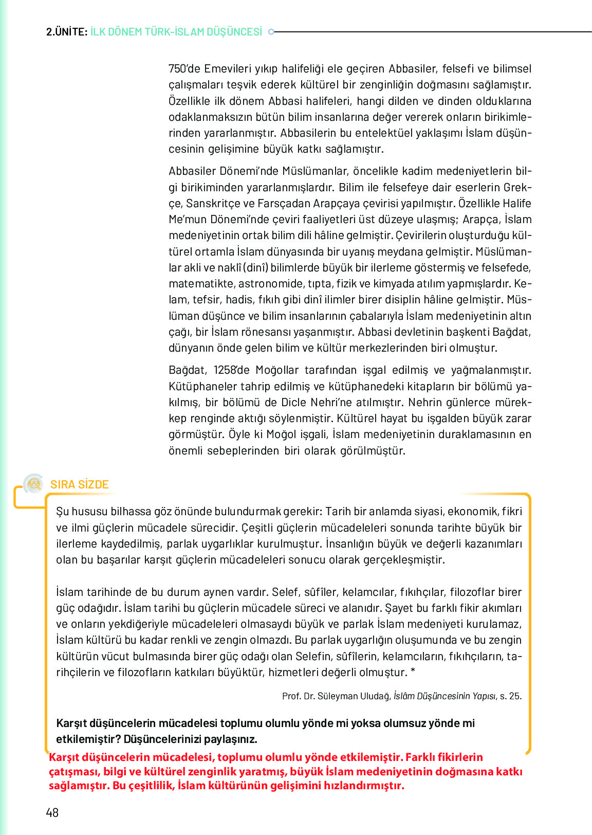 10. Sınıf Meb Yayınları Türk Düşünce Tarihi Ders Kitabı Sayfa 48 Cevapları