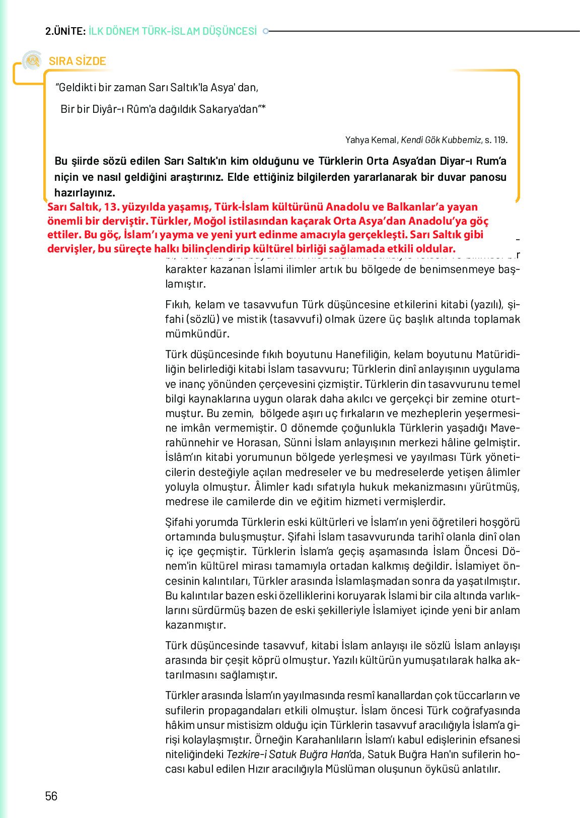 10. Sınıf Meb Yayınları Türk Düşünce Tarihi Ders Kitabı Sayfa 56 Cevapları