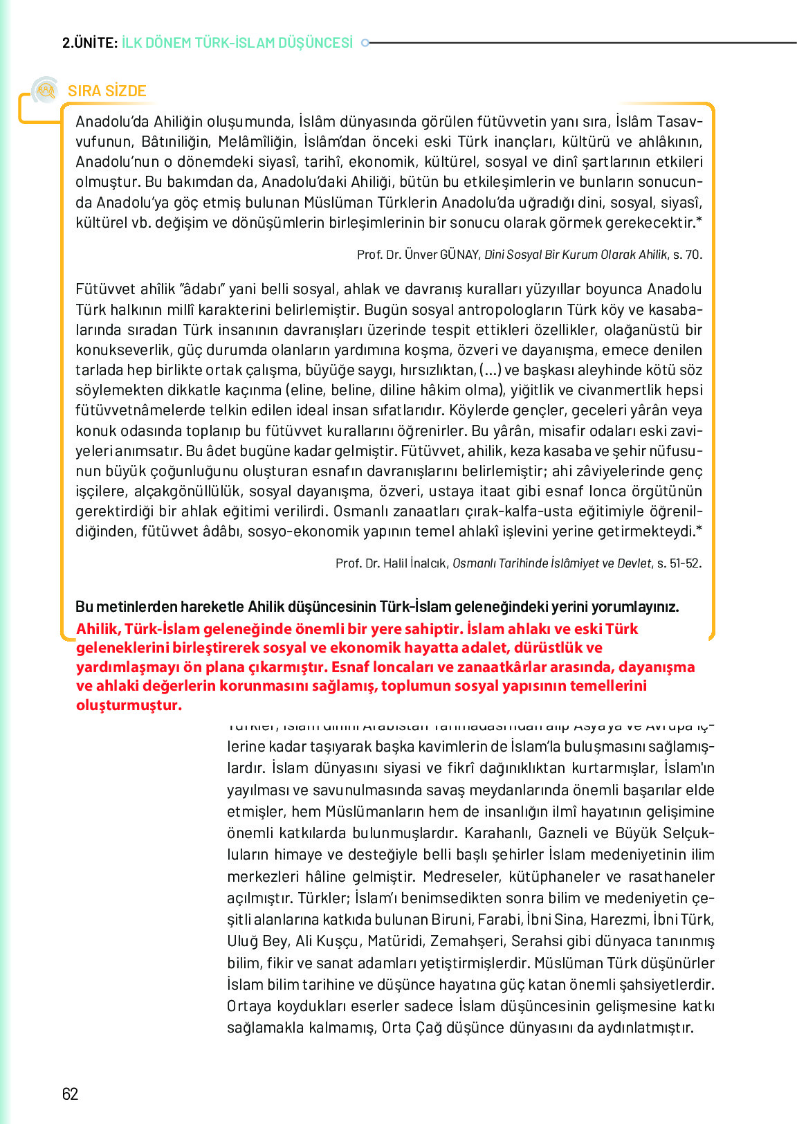 10. Sınıf Meb Yayınları Türk Düşünce Tarihi Ders Kitabı Sayfa 62 Cevapları