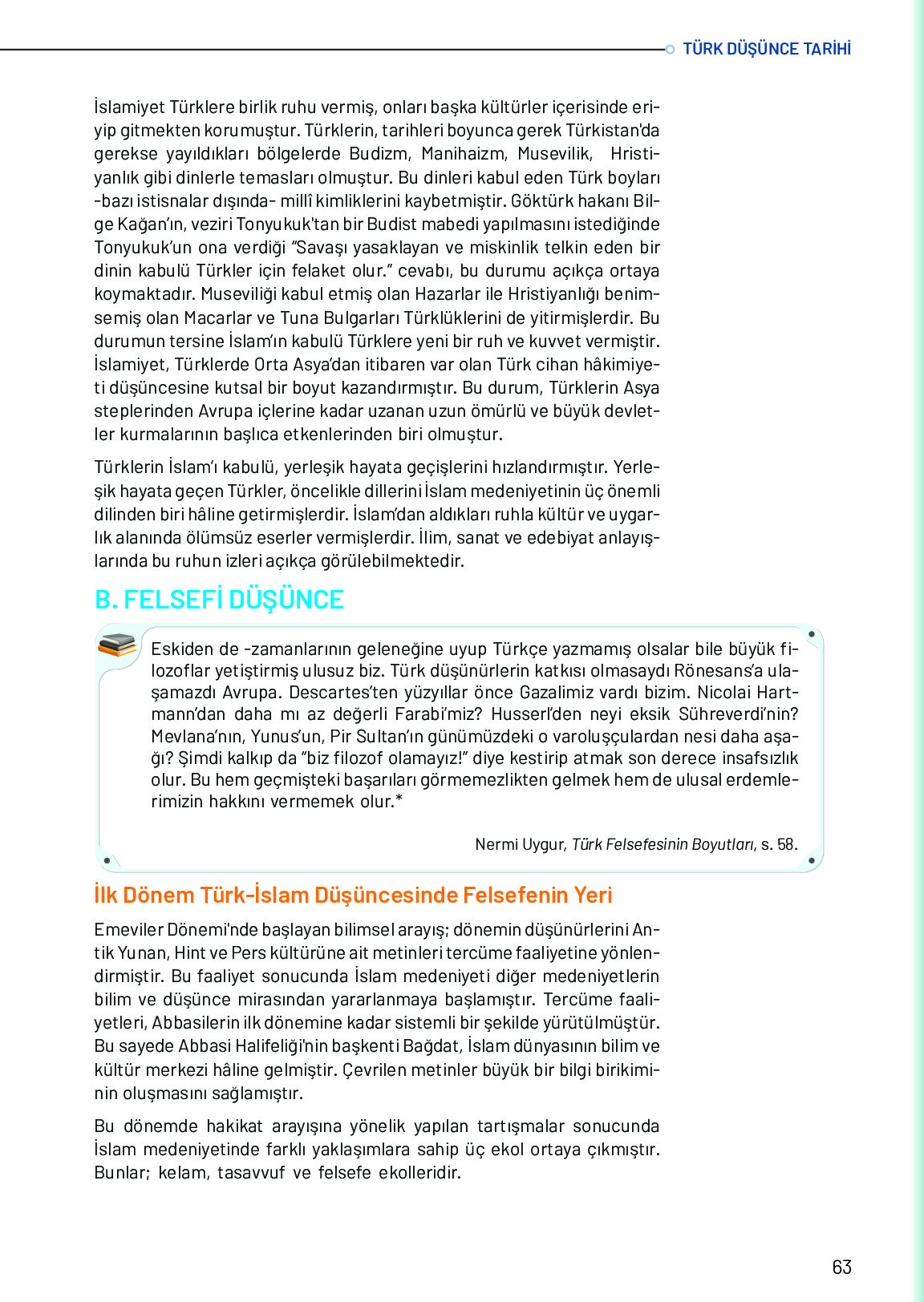 10. Sınıf Meb Yayınları Türk Düşünce Tarihi Ders Kitabı Sayfa 63 Cevapları