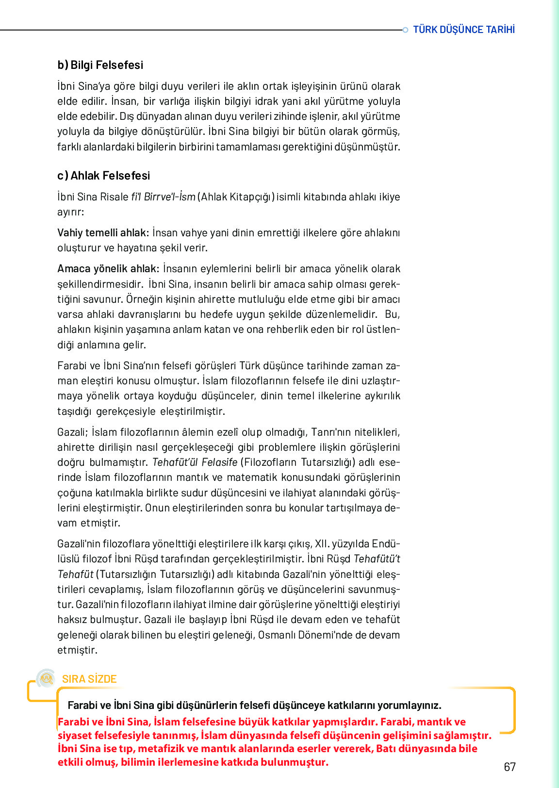 10. Sınıf Meb Yayınları Türk Düşünce Tarihi Ders Kitabı Sayfa 67 Cevapları