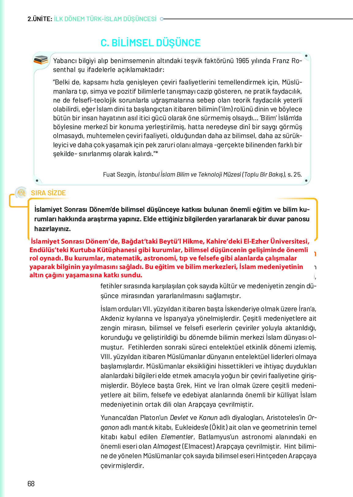 10. Sınıf Meb Yayınları Türk Düşünce Tarihi Ders Kitabı Sayfa 68 Cevapları