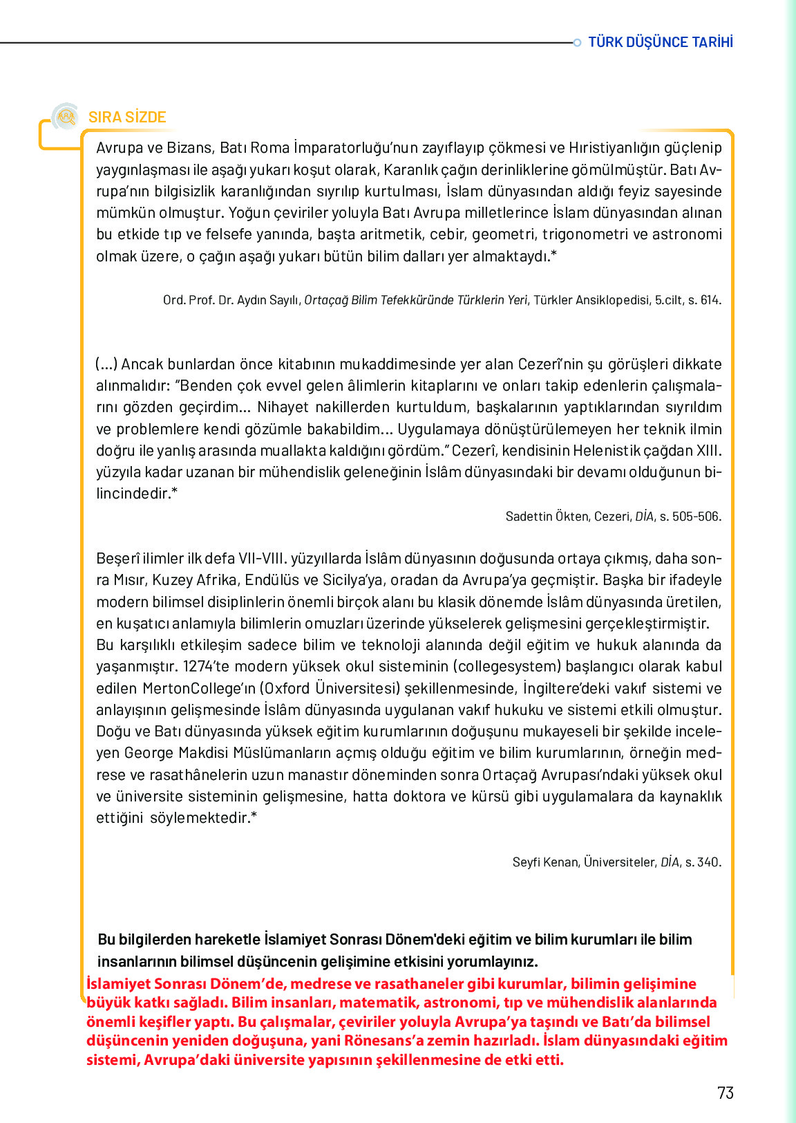 10. Sınıf Meb Yayınları Türk Düşünce Tarihi Ders Kitabı Sayfa 73 Cevapları