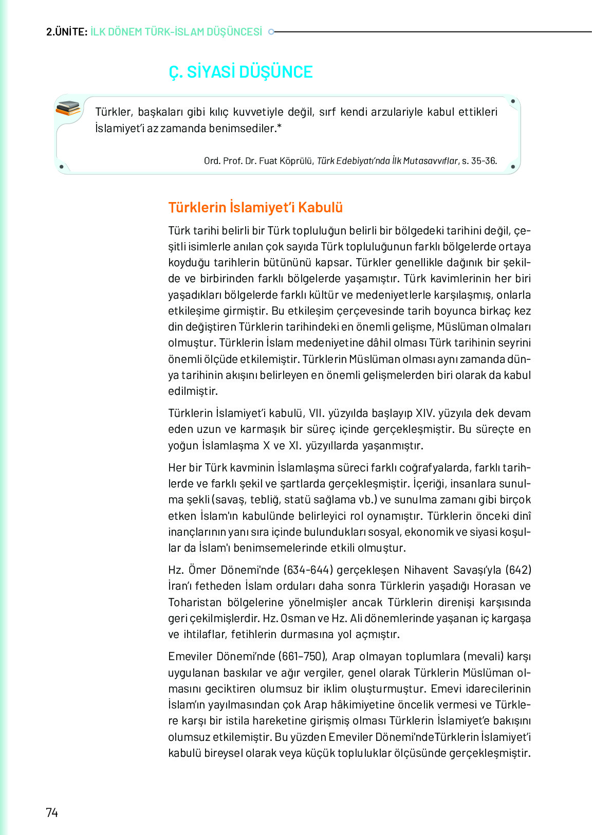 10. Sınıf Meb Yayınları Türk Düşünce Tarihi Ders Kitabı Sayfa 74 Cevapları