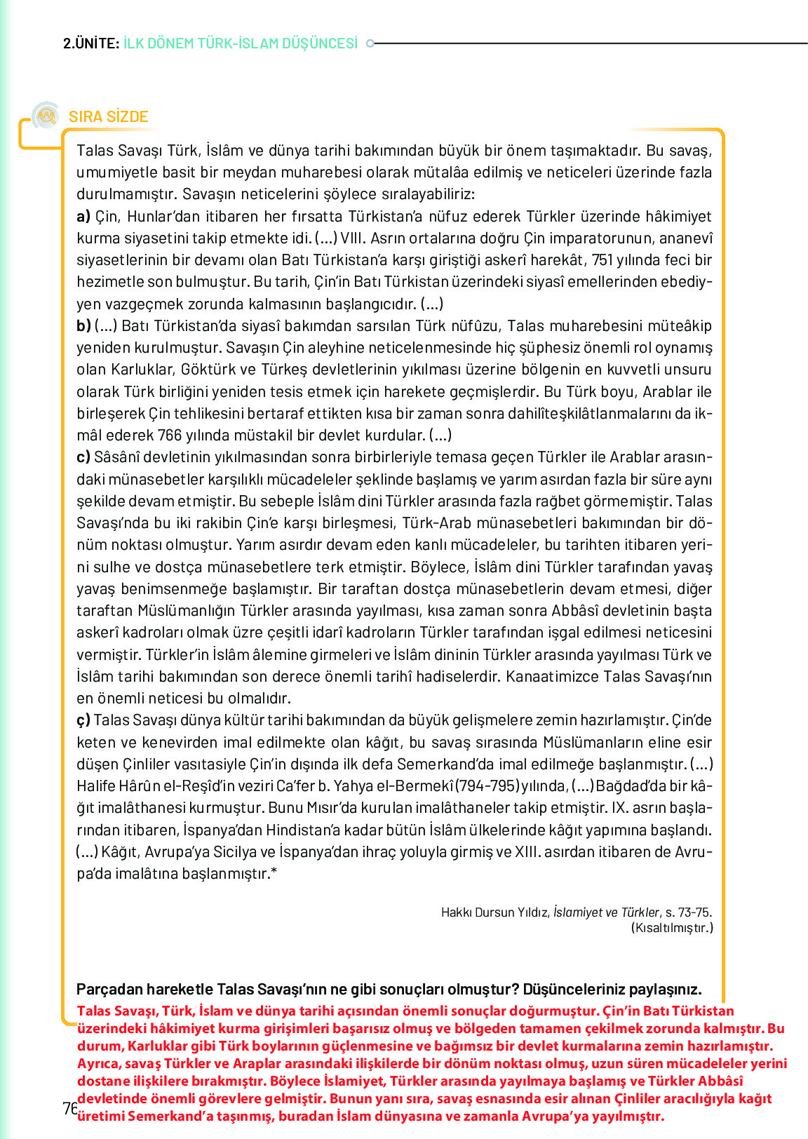 10. Sınıf Meb Yayınları Türk Düşünce Tarihi Ders Kitabı Sayfa 76 Cevapları