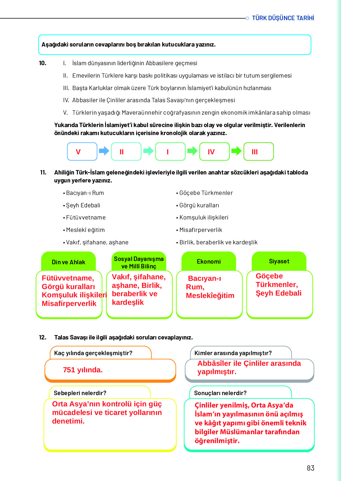 10. Sınıf Meb Yayınları Türk Düşünce Tarihi Ders Kitabı Sayfa 83 Cevapları