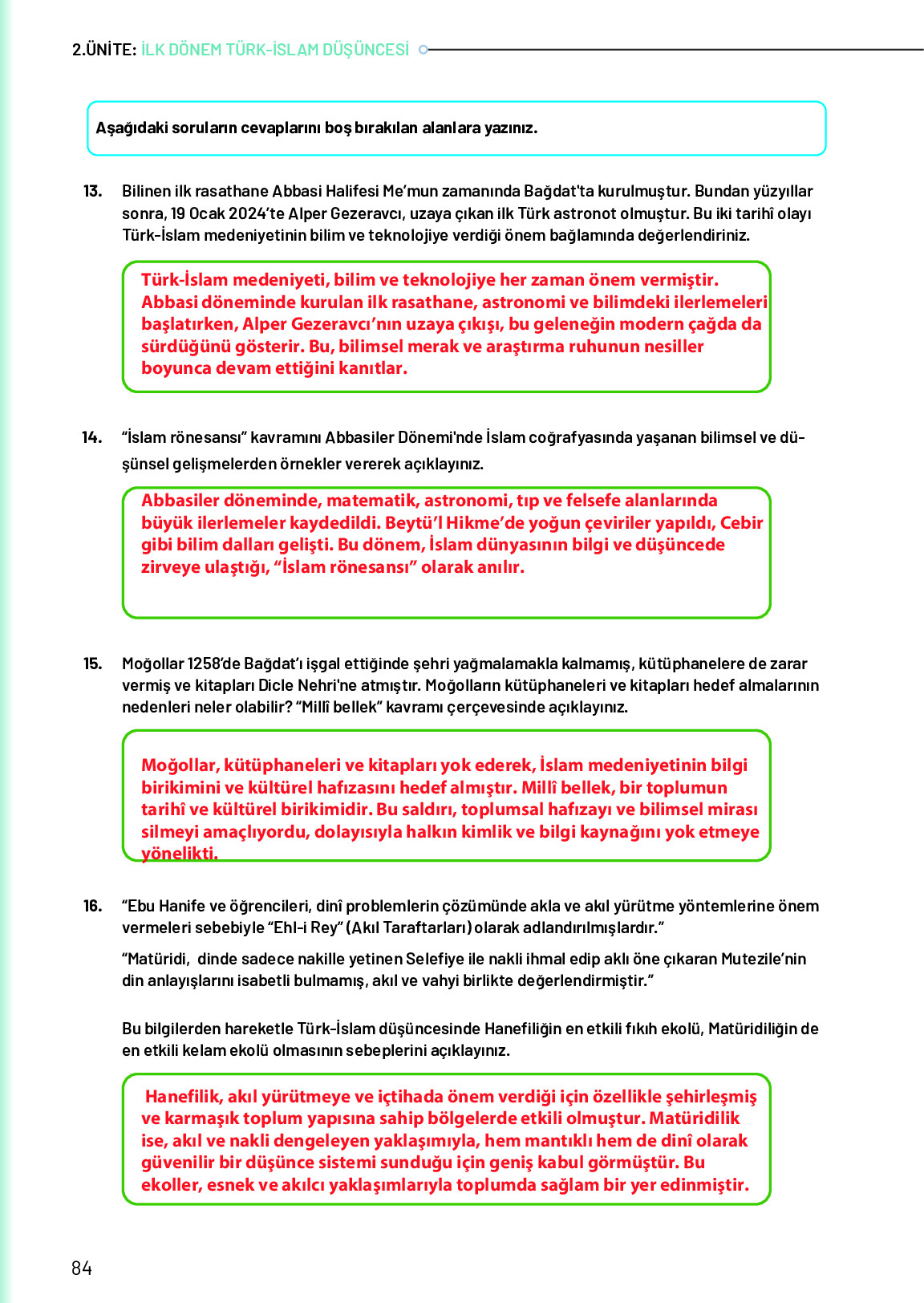 10. Sınıf Meb Yayınları Türk Düşünce Tarihi Ders Kitabı Sayfa 84 Cevapları