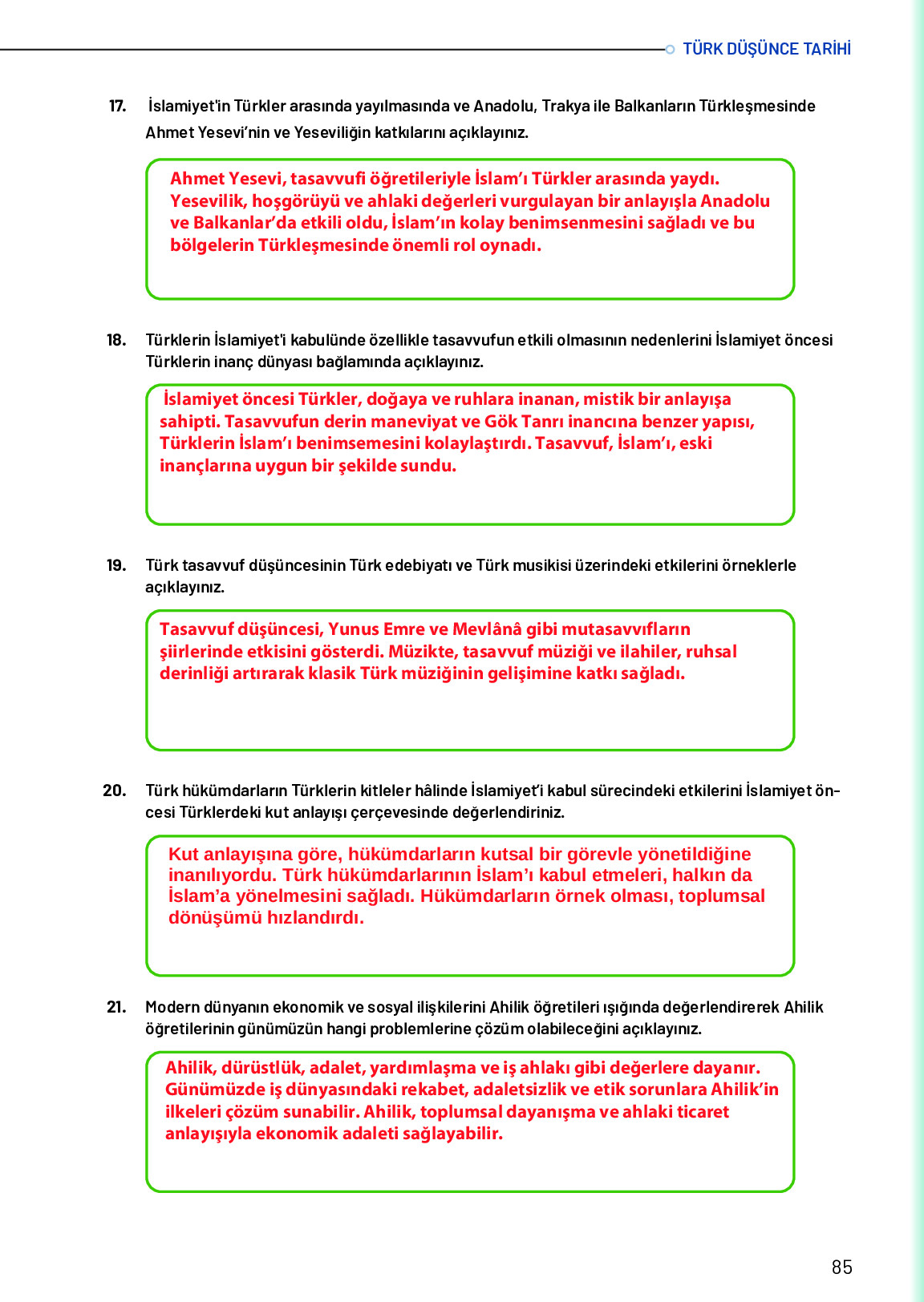 10. Sınıf Meb Yayınları Türk Düşünce Tarihi Ders Kitabı Sayfa 85 Cevapları