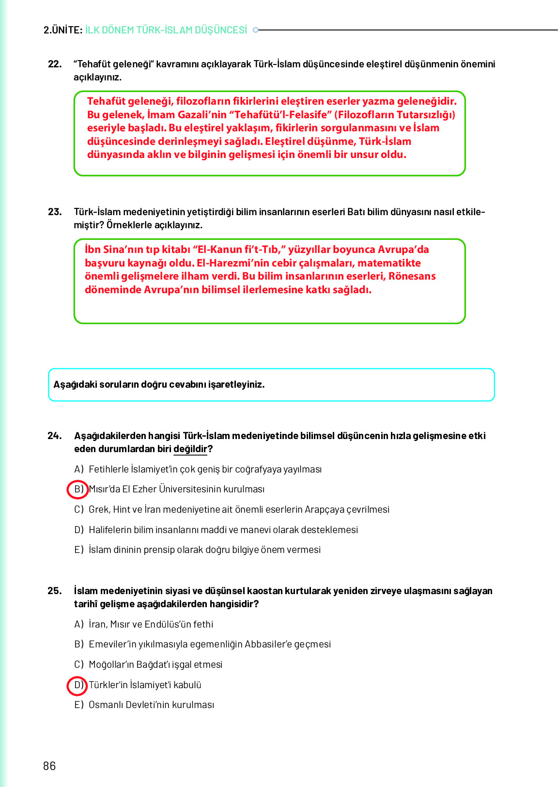 10. Sınıf Meb Yayınları Türk Düşünce Tarihi Ders Kitabı Sayfa 86 Cevapları
