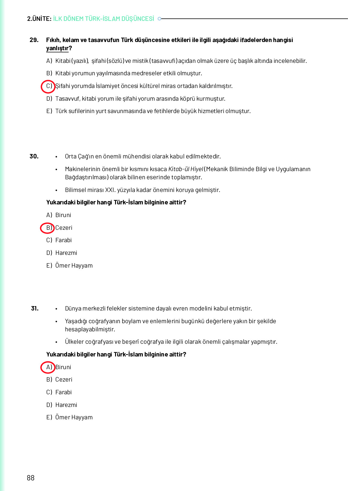 10. Sınıf Meb Yayınları Türk Düşünce Tarihi Ders Kitabı Sayfa 88 Cevapları