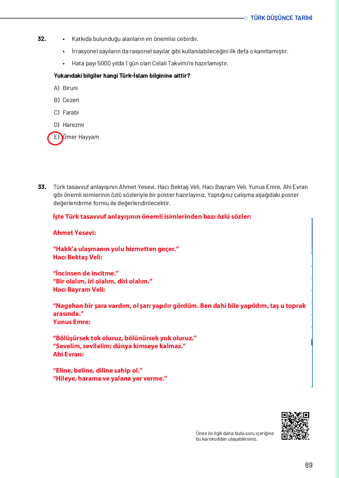 10. Sınıf Meb Yayınları Türk Düşünce Tarihi Ders Kitabı Sayfa 89 Cevapları