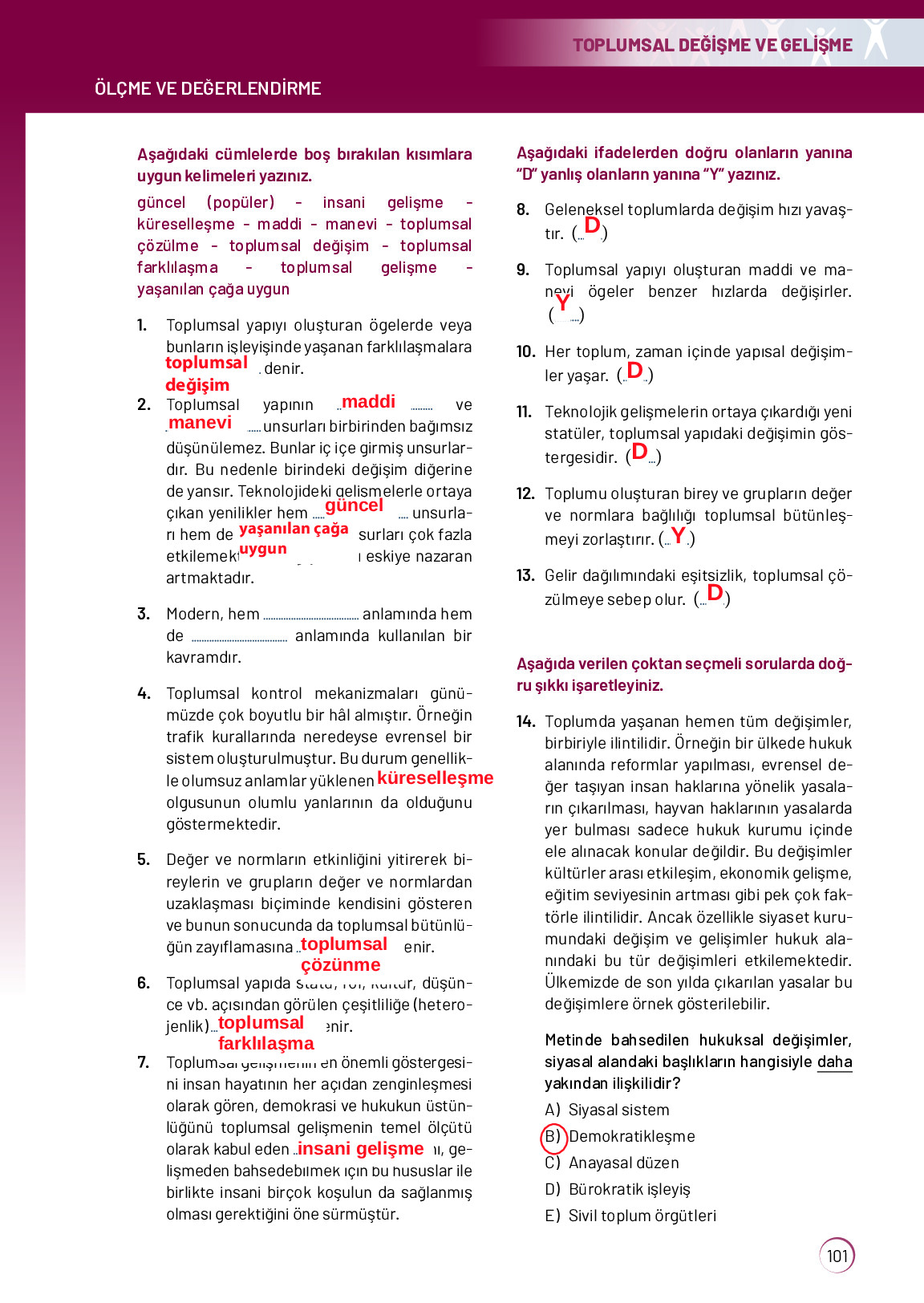 11. Sınıf Meb Yayınları Sosyoloji Ders Kitabı Sayfa 101 Cevapları