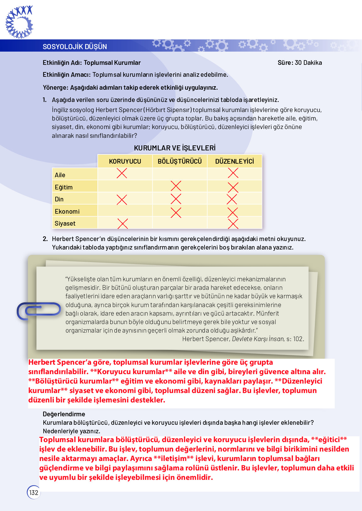 11. Sınıf Meb Yayınları Sosyoloji Ders Kitabı Sayfa 132 Cevapları