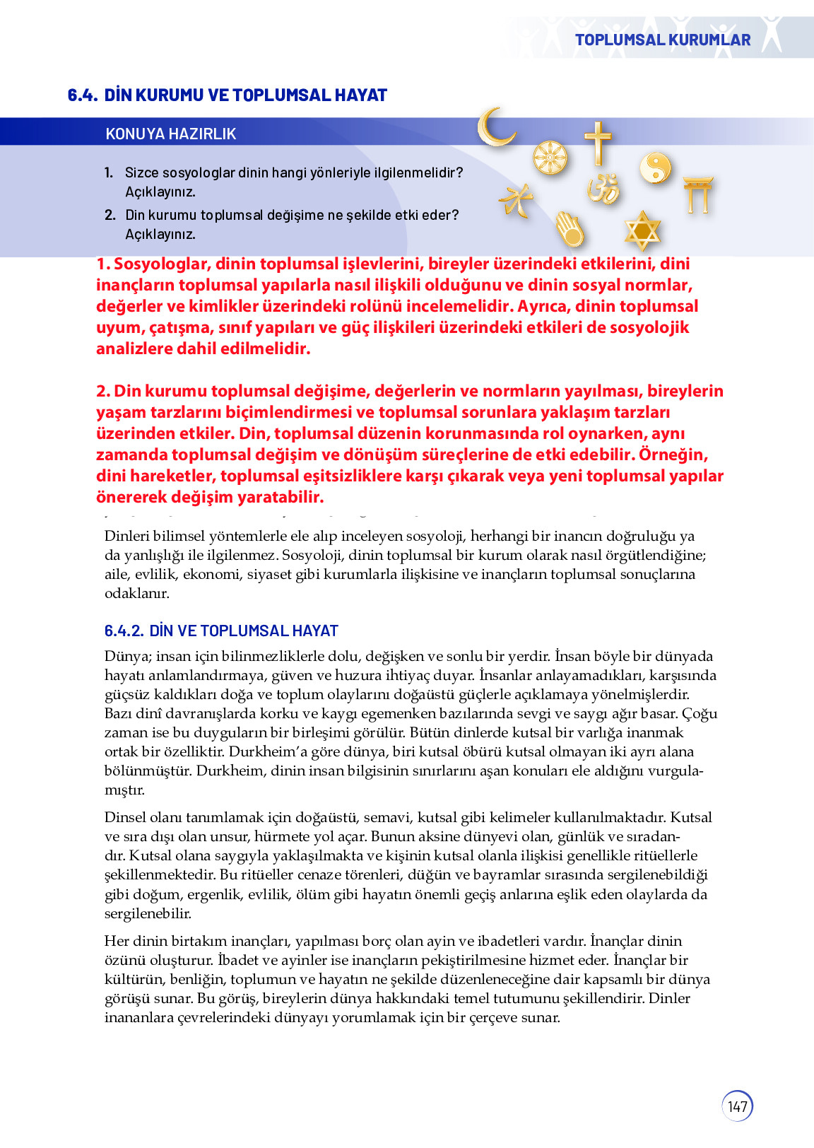 11. Sınıf Meb Yayınları Sosyoloji Ders Kitabı Sayfa 147 Cevapları