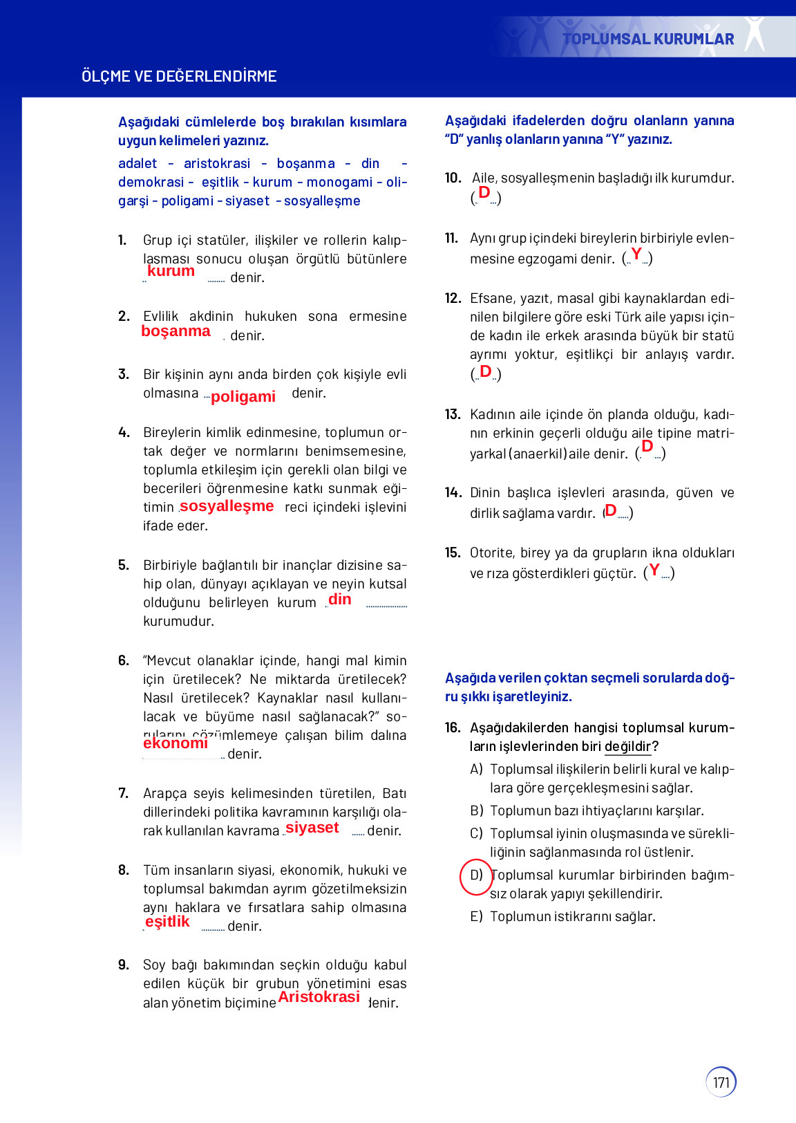 11. Sınıf Meb Yayınları Sosyoloji Ders Kitabı Sayfa 171 Cevapları