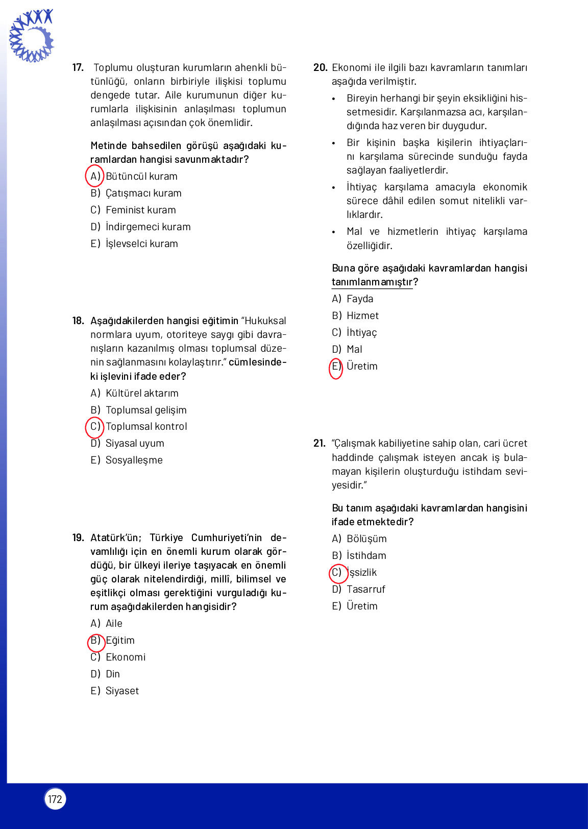11. Sınıf Meb Yayınları Sosyoloji Ders Kitabı Sayfa 172 Cevapları