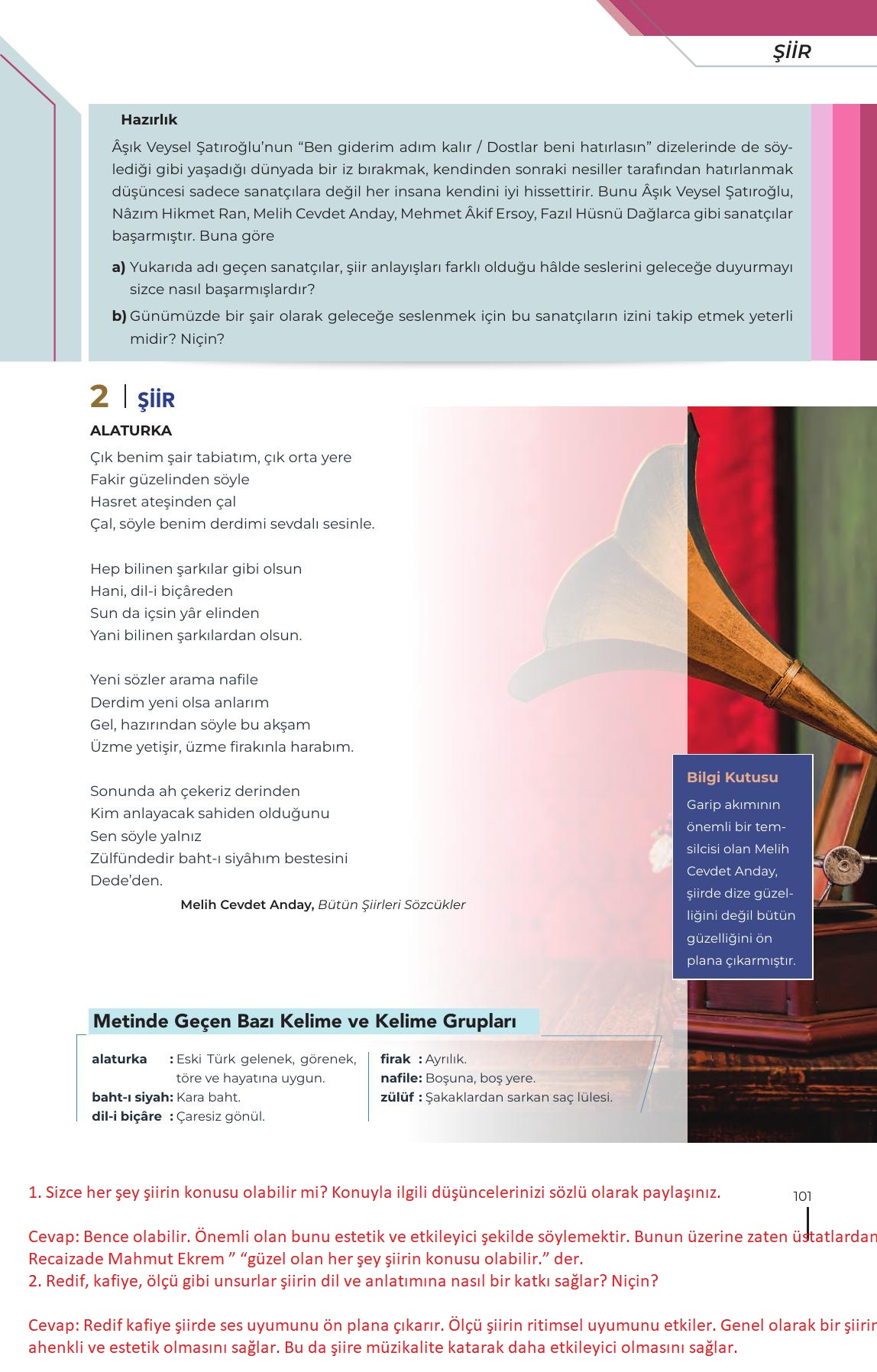 12. Sınıf Meb Yayınları Türk Dili Ve Edebiyatı Ders Kitabı Sayfa 101 Cevapları