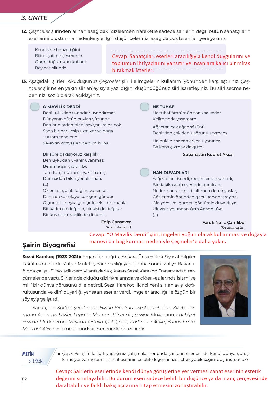12. Sınıf Meb Yayınları Türk Dili Ve Edebiyatı Ders Kitabı Sayfa 112 Cevapları