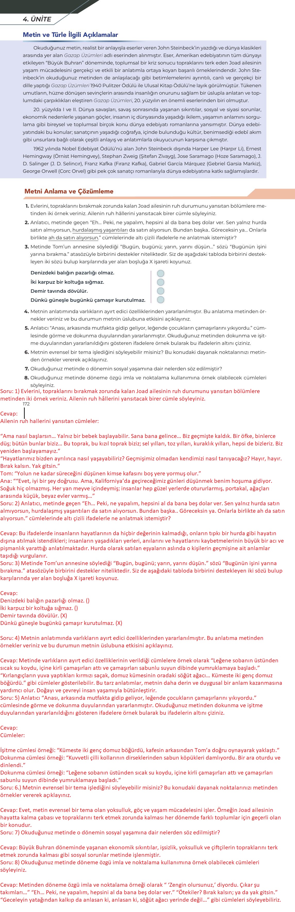 12. Sınıf Meb Yayınları Türk Dili Ve Edebiyatı Ders Kitabı Sayfa 172 Cevapları